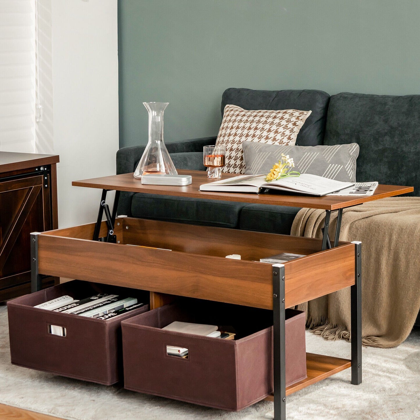 Lift Top Coffee Table Central Table with Drawers and Hidden Compartment for Living Room, Brown Coffee Tables   at Gallery Canada