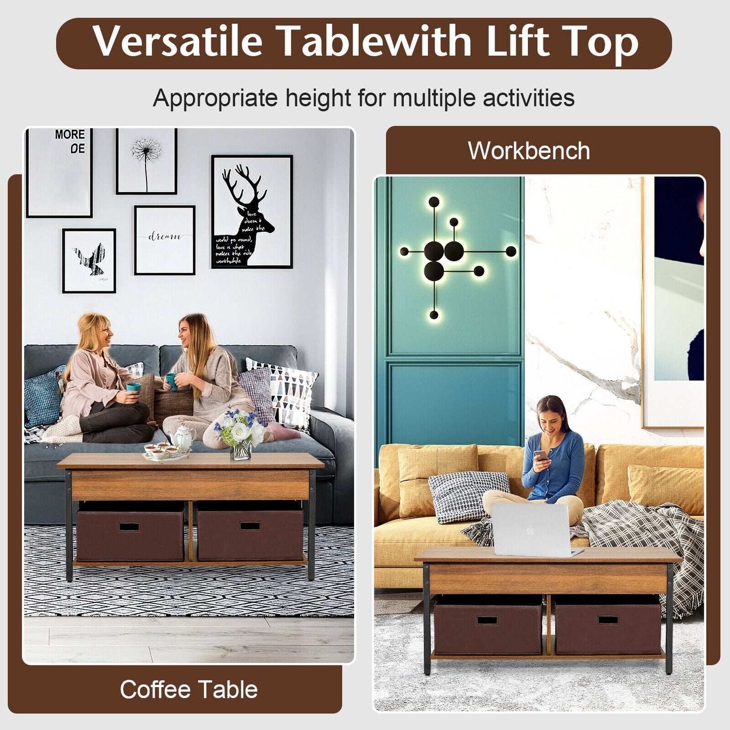 Lift Top Coffee Table Central Table with Drawers and Hidden Compartment for Living Room, Brown Coffee Tables   at Gallery Canada