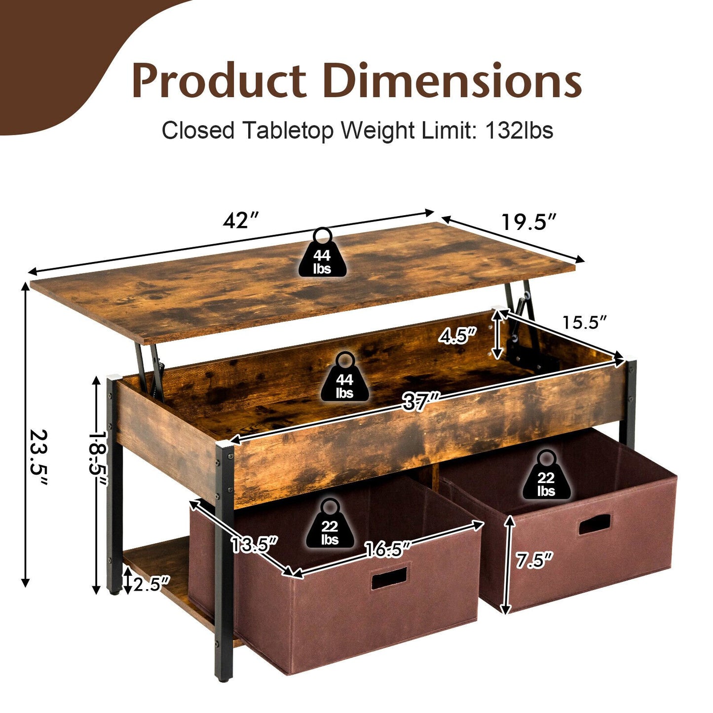 Lift Top Coffee Table Central Table with Drawers and Hidden Compartment for Living Room, Rustic Brown Coffee Tables   at Gallery Canada