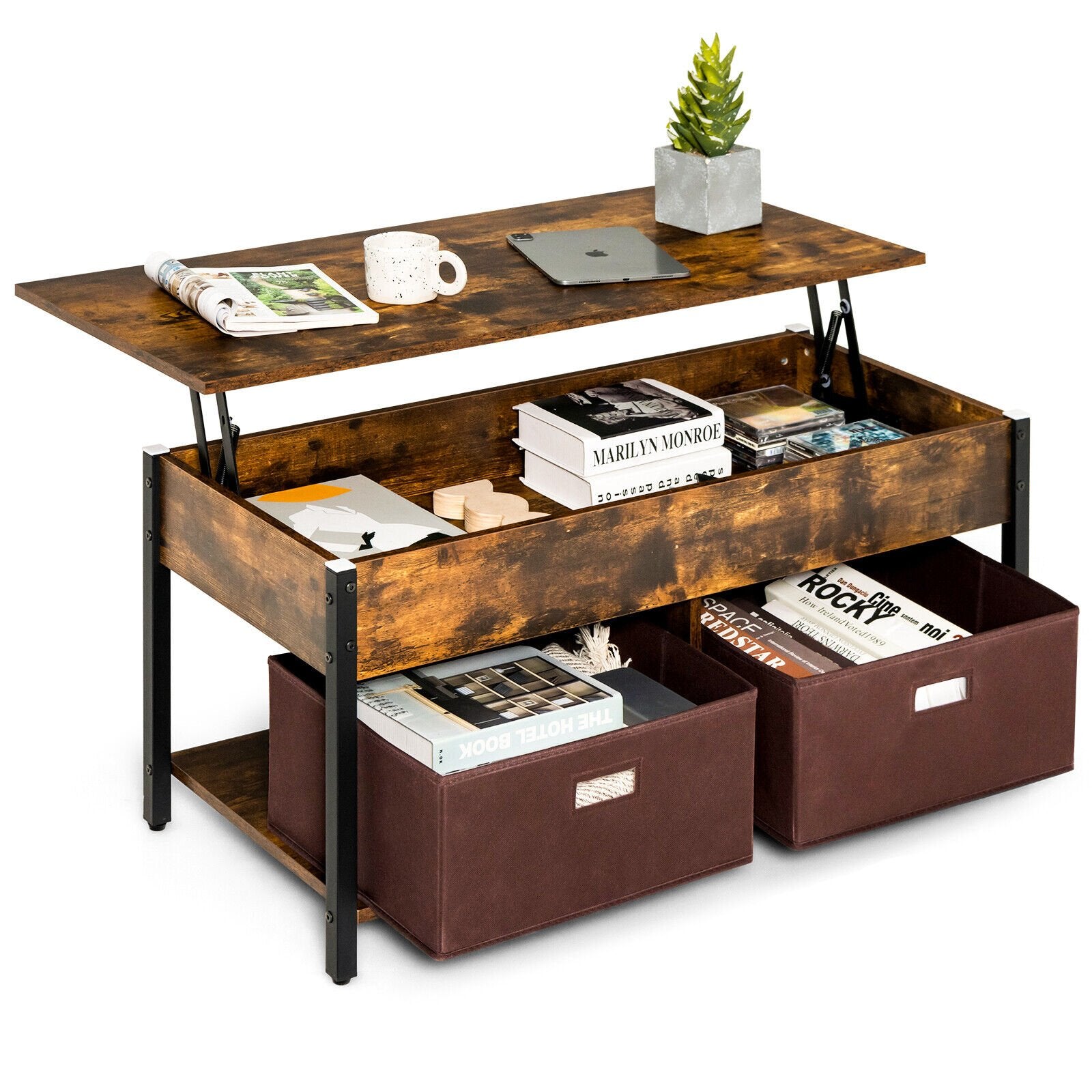 Lift Top Coffee Table Central Table with Drawers and Hidden Compartment for Living Room, Rustic Brown Coffee Tables   at Gallery Canada