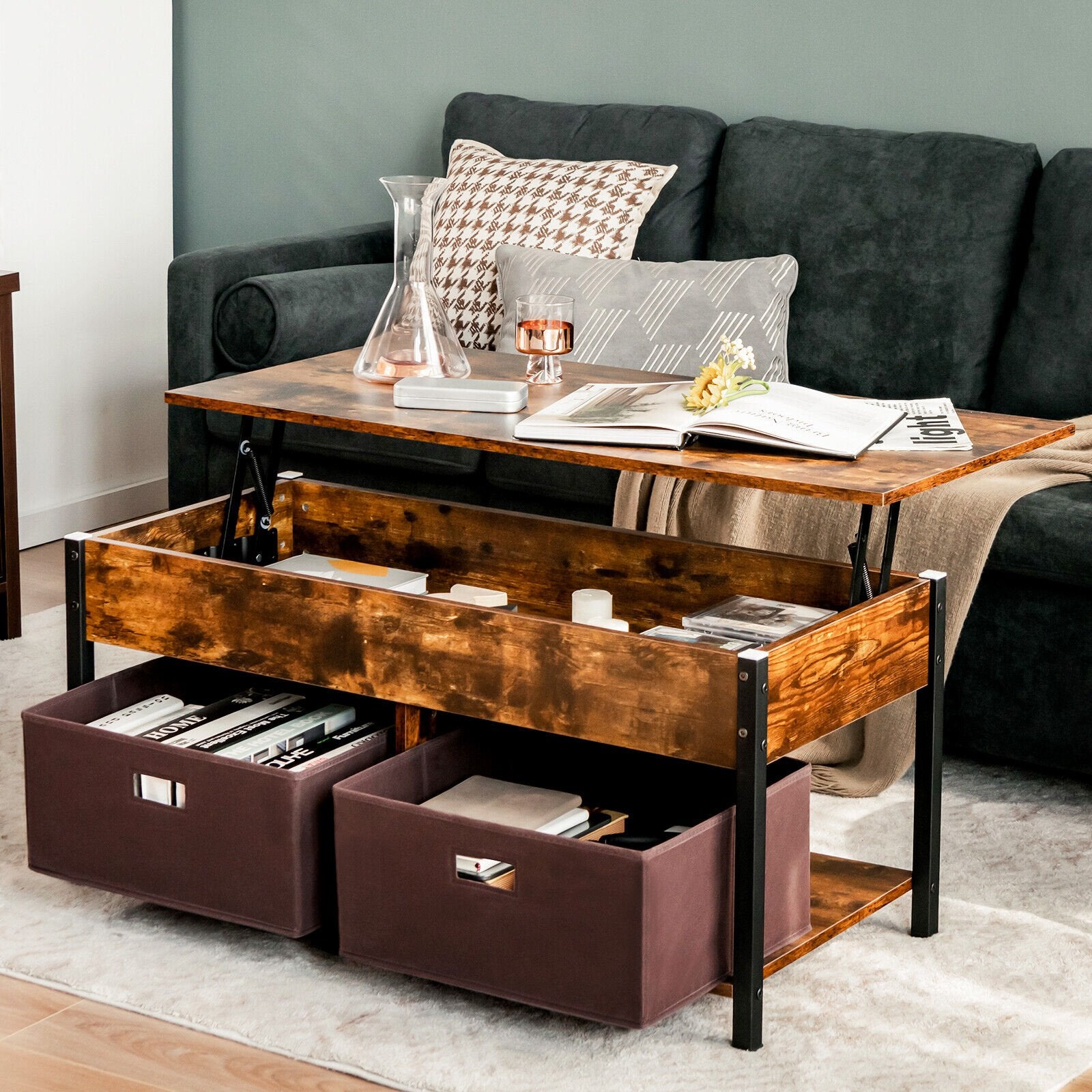 Lift Top Coffee Table Central Table with Drawers and Hidden Compartment for Living Room, Rustic Brown Coffee Tables   at Gallery Canada