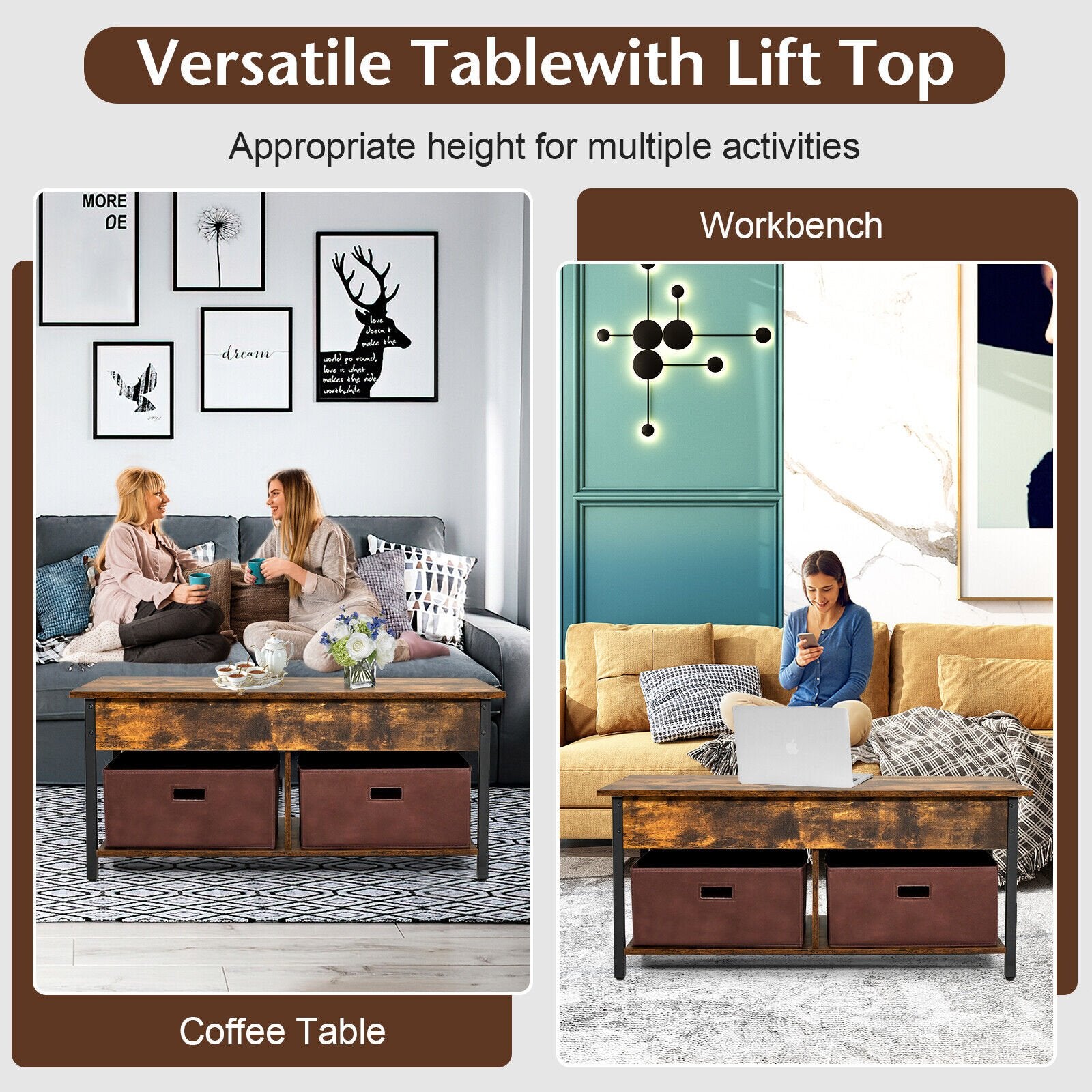 Lift Top Coffee Table Central Table with Drawers and Hidden Compartment for Living Room, Rustic Brown Coffee Tables   at Gallery Canada