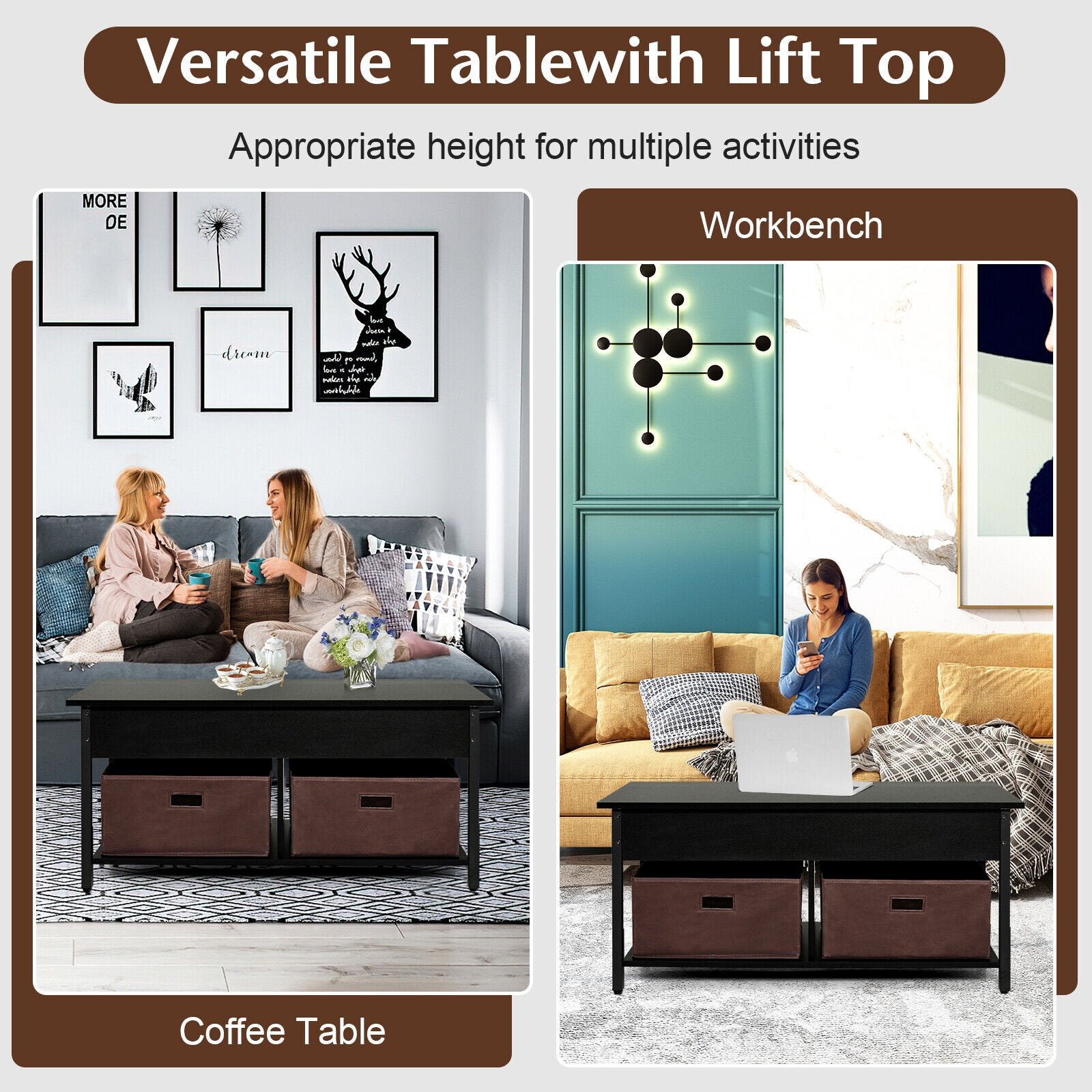 Lift Top Coffee Table Central Table with Drawers and Hidden Compartment for Living Room, Black Coffee Tables   at Gallery Canada