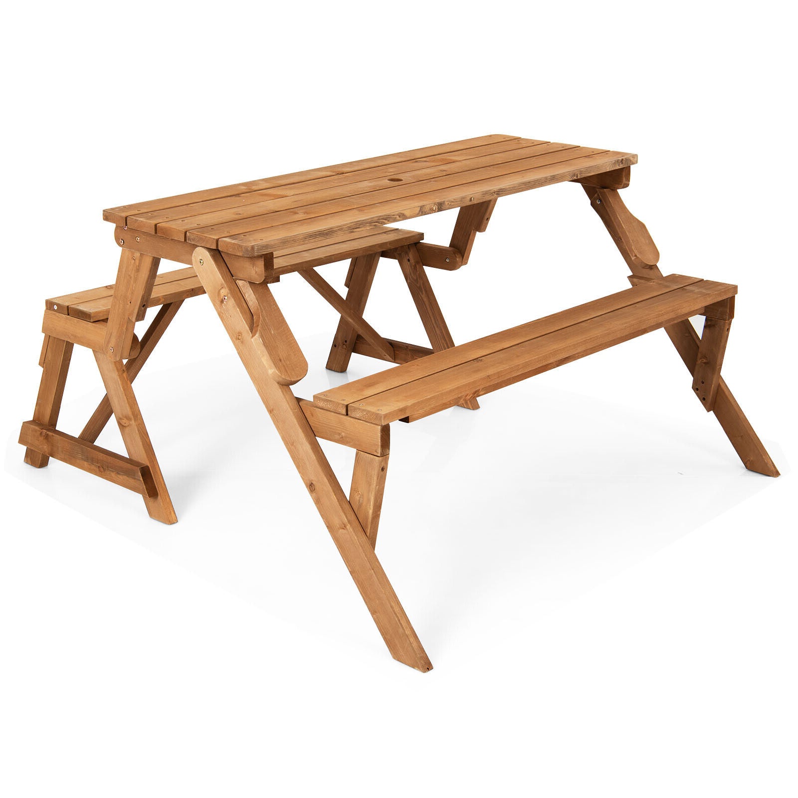 2-in-1 Transforming Interchangeable Wooden Picnic Table Bench with Umbrella Hole, Dark Brown - Gallery Canada