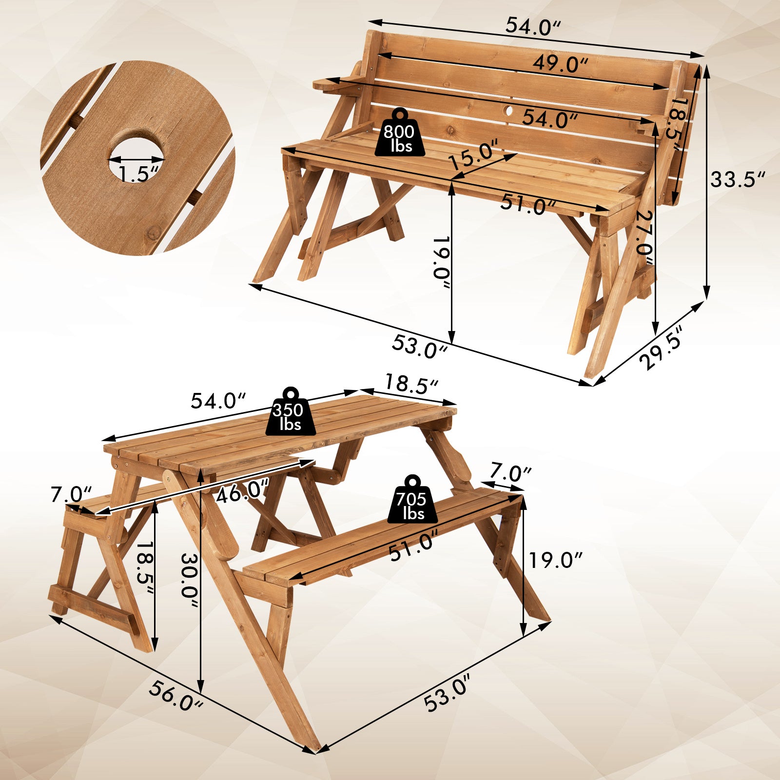 2-in-1 Transforming Interchangeable Wooden Picnic Table Bench with Umbrella Hole, Dark Brown - Gallery Canada