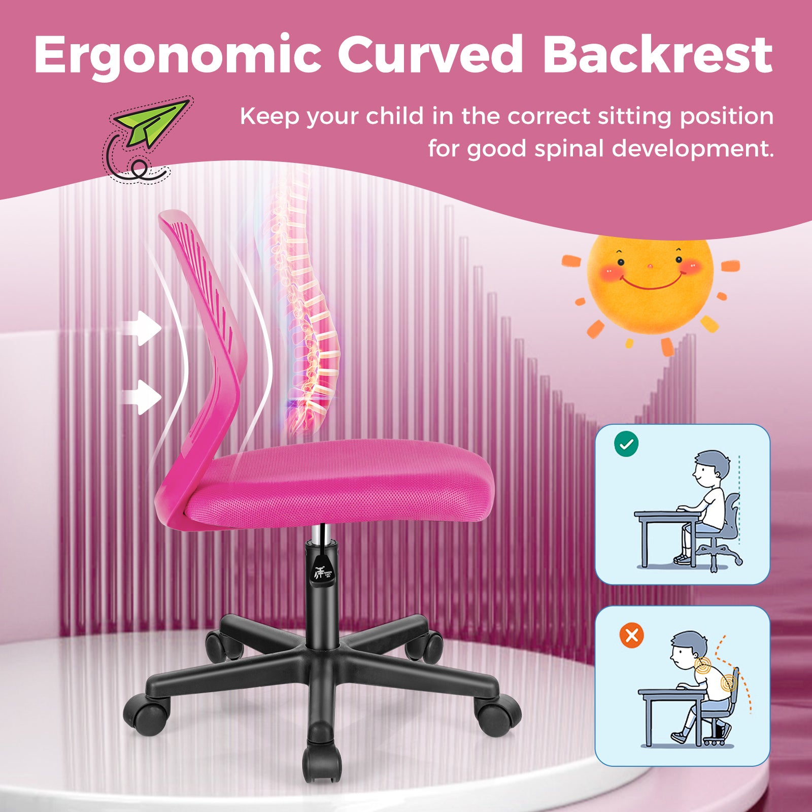 Height-adjustable Ergonomic Kids Desk Chair with Universal Casters, Pink Kids Chairs & Seating   at Gallery Canada