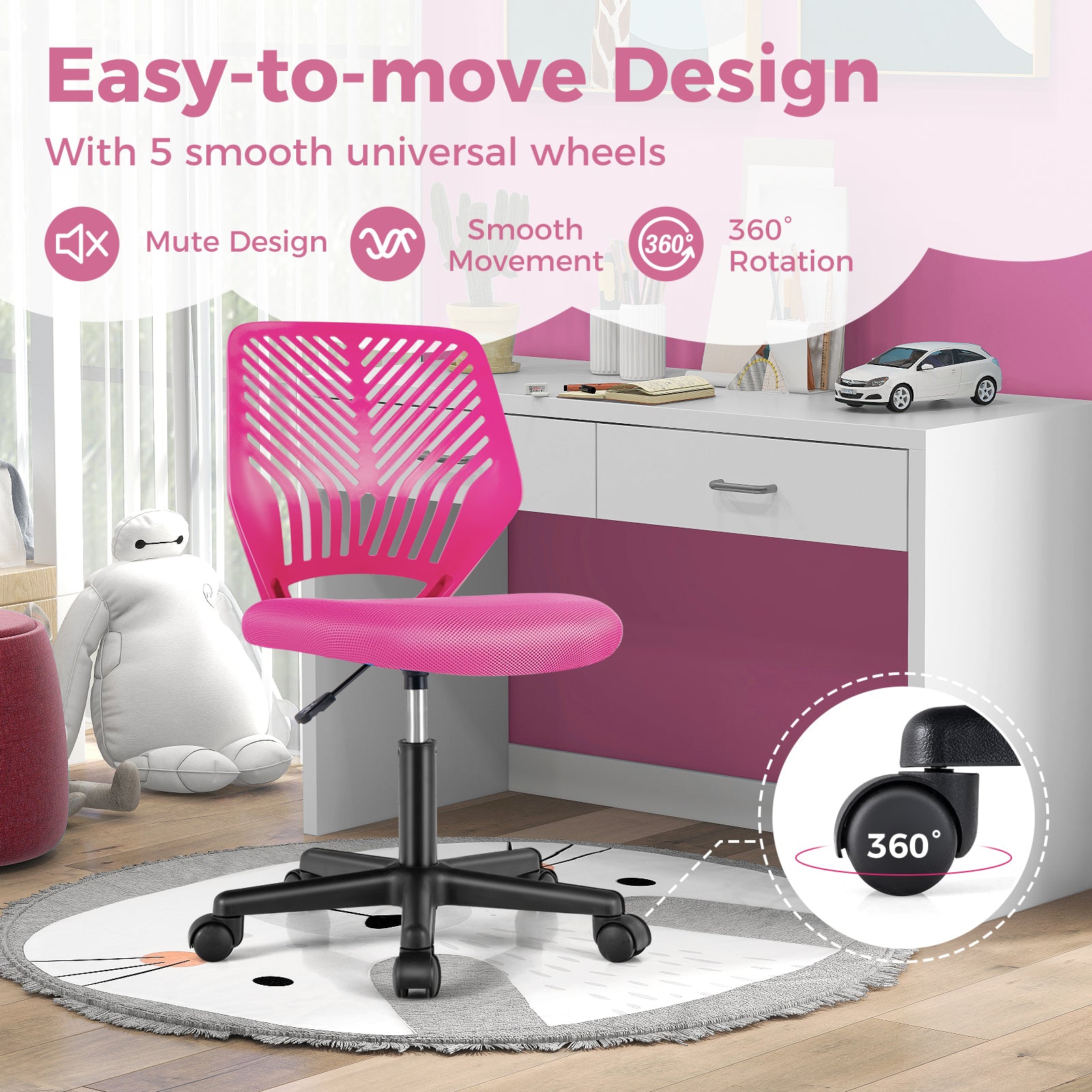 Height-adjustable Ergonomic Kids Desk Chair with Universal Casters, Pink Kids Chairs & Seating   at Gallery Canada