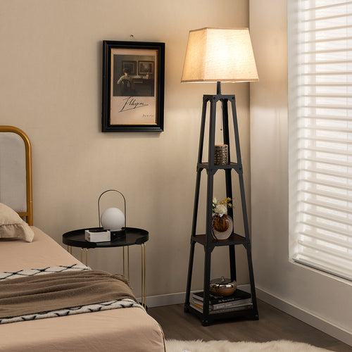 Trapezoidal Designed Floor Lamp with 3 Tiered Storage Shelf, Brown