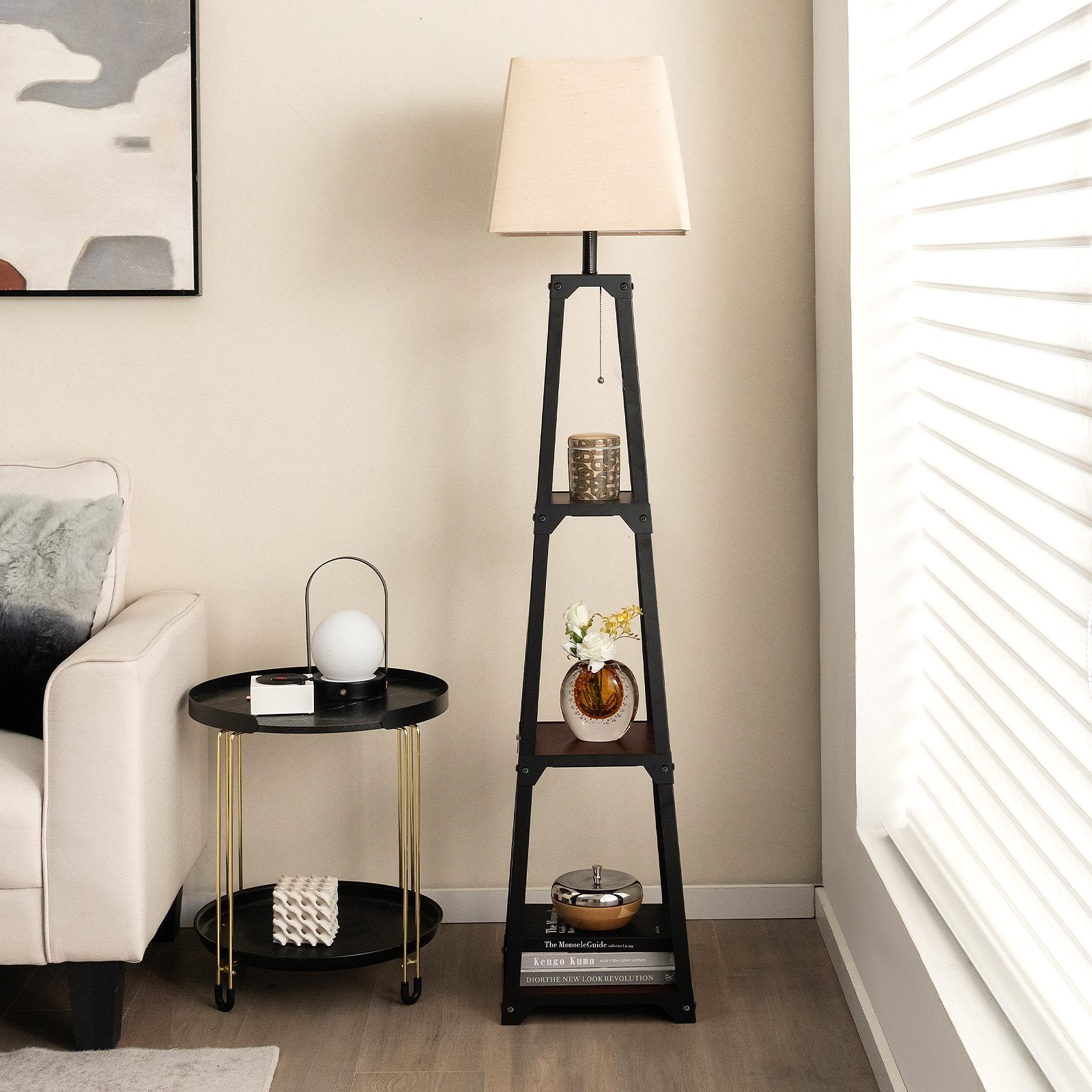 Trapezoidal Designed Floor Lamp with 3 Tiered Storage Shelf, Brown Table & Floor Lamps   at Gallery Canada