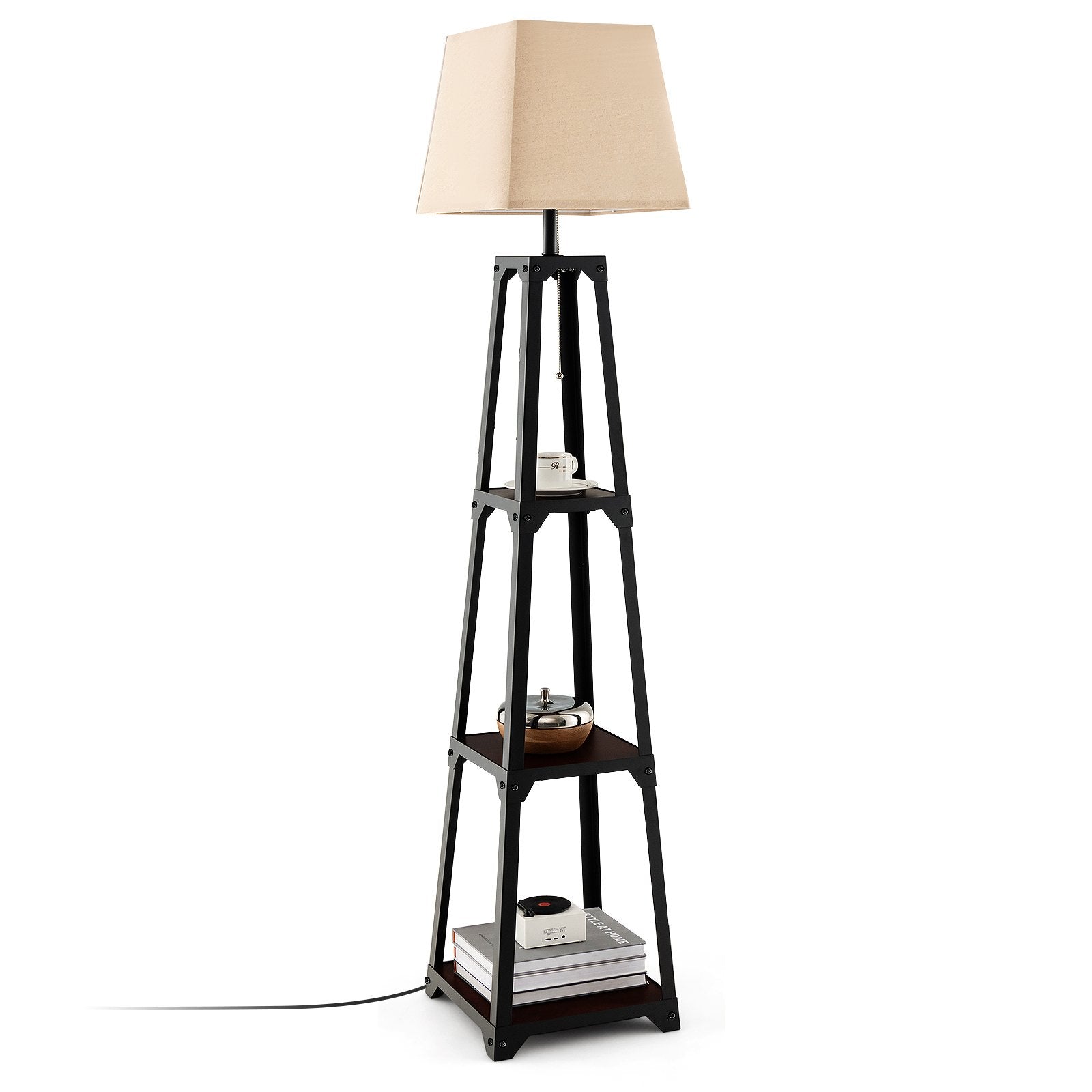 Trapezoidal Designed Floor Lamp with 3 Tiered Storage Shelf, Brown Table & Floor Lamps   at Gallery Canada