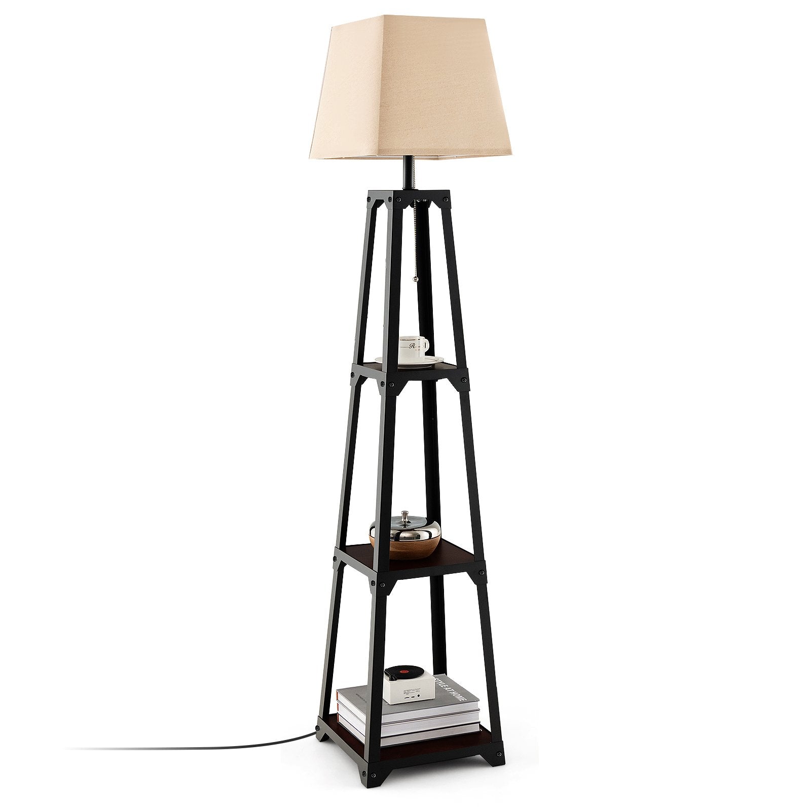 Trapezoidal Designed Floor Lamp with 3 Tiered Storage Shelf, Brown Table & Floor Lamps Brown at Gallery Canada