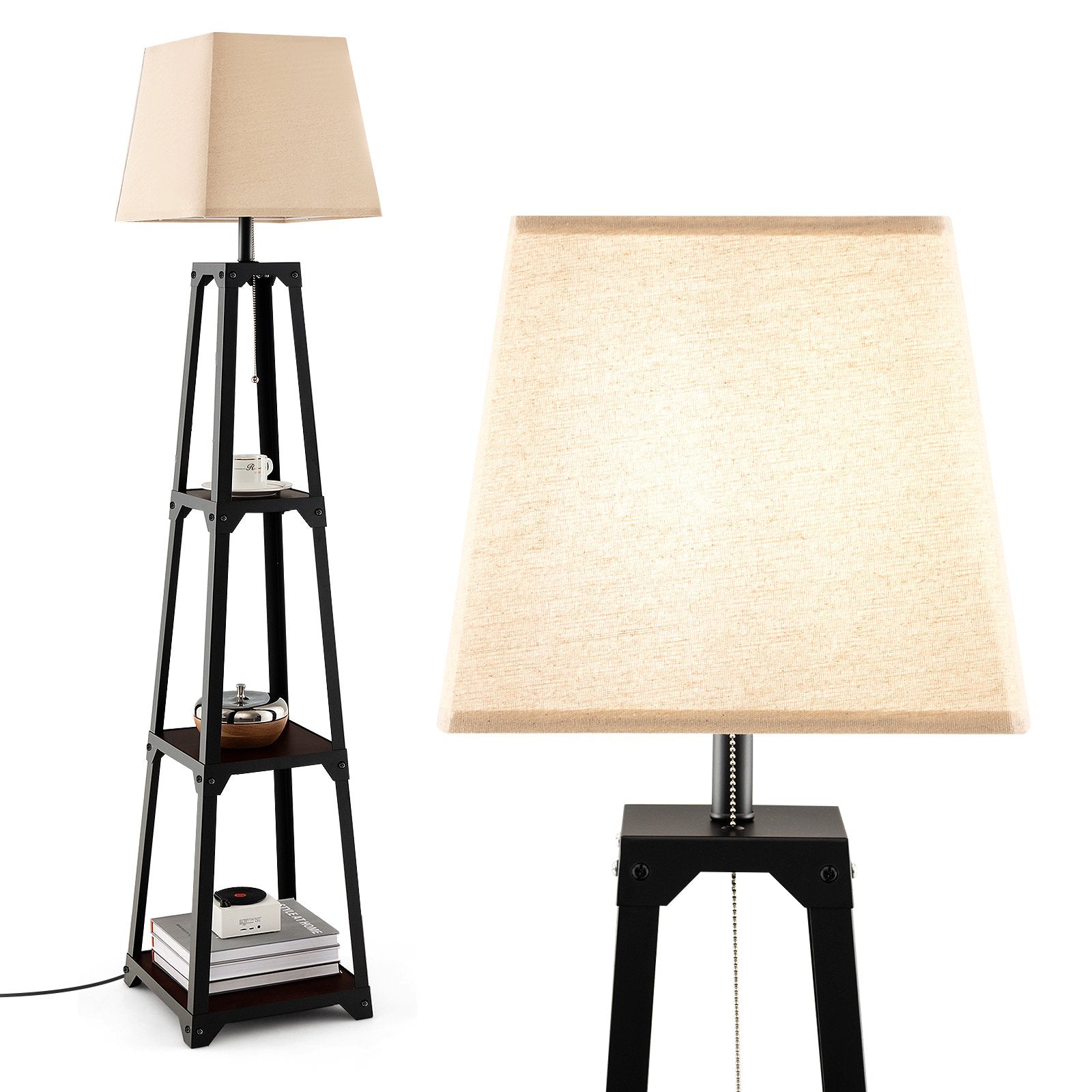 Trapezoidal Designed Floor Lamp with 3 Tiered Storage Shelf, Brown Table & Floor Lamps   at Gallery Canada