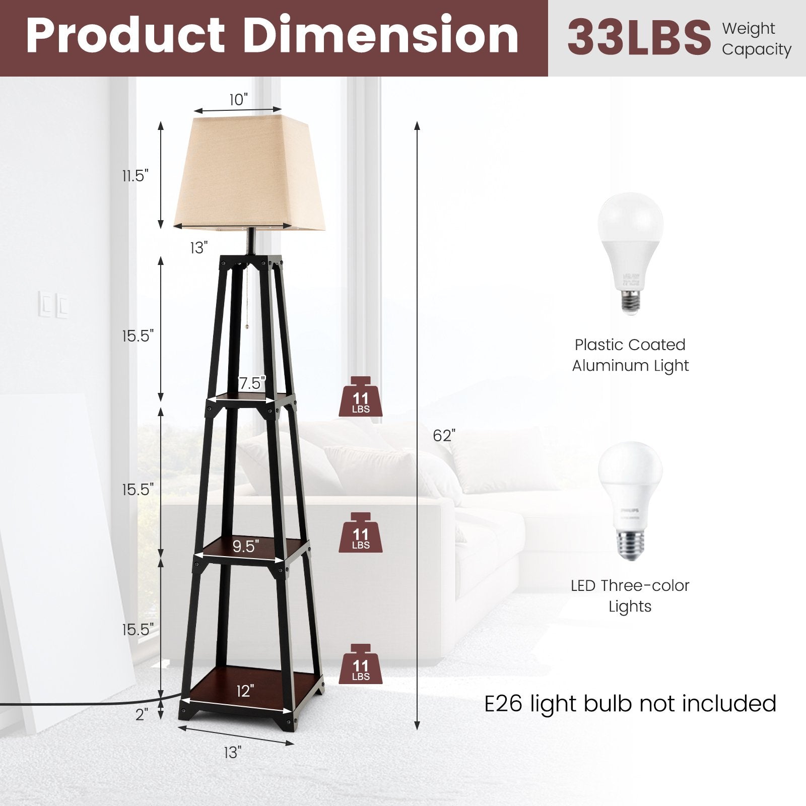 Trapezoidal Designed Floor Lamp with 3 Tiered Storage Shelf, Brown Table & Floor Lamps   at Gallery Canada