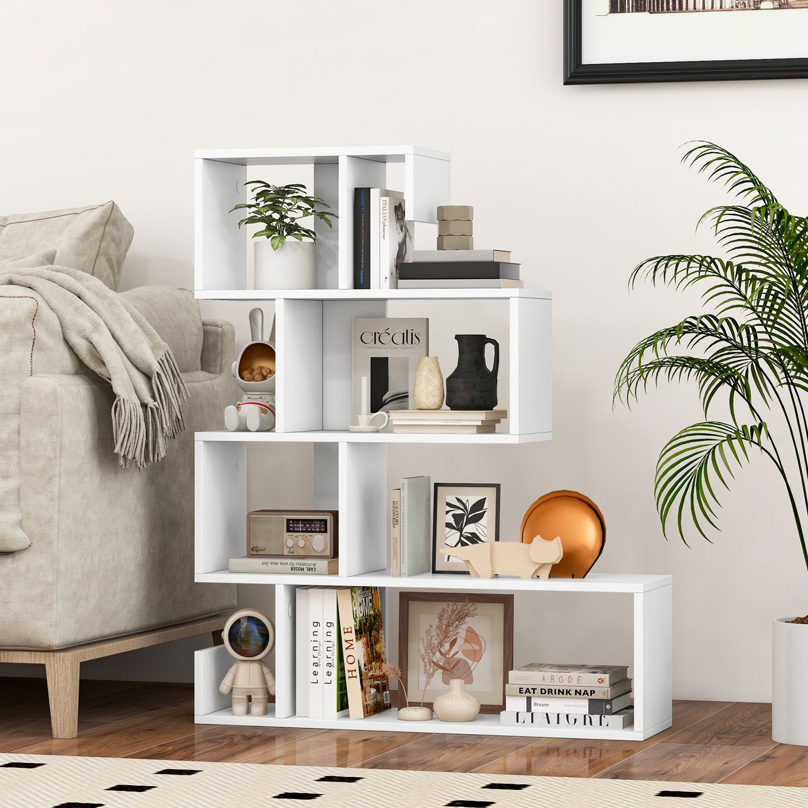 5-Tier S-Shaped Bookshelf Geometric Z-Shelf Bookcase with Open Cubes, White Bookcases   at Gallery Canada