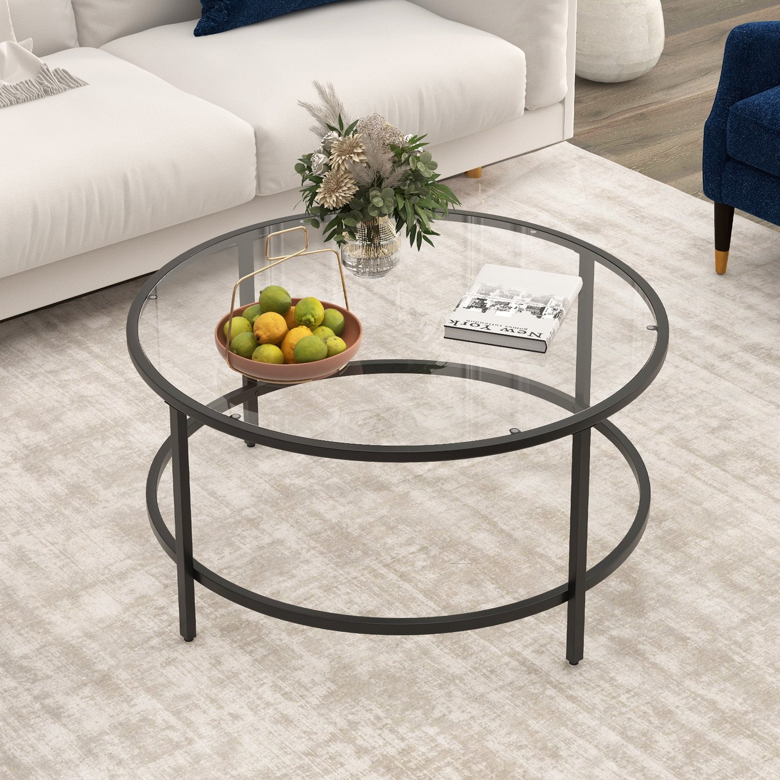 36 Inch Round Coffee Table with Tempered Glass Tabletop, Black Coffee Tables   at Gallery Canada