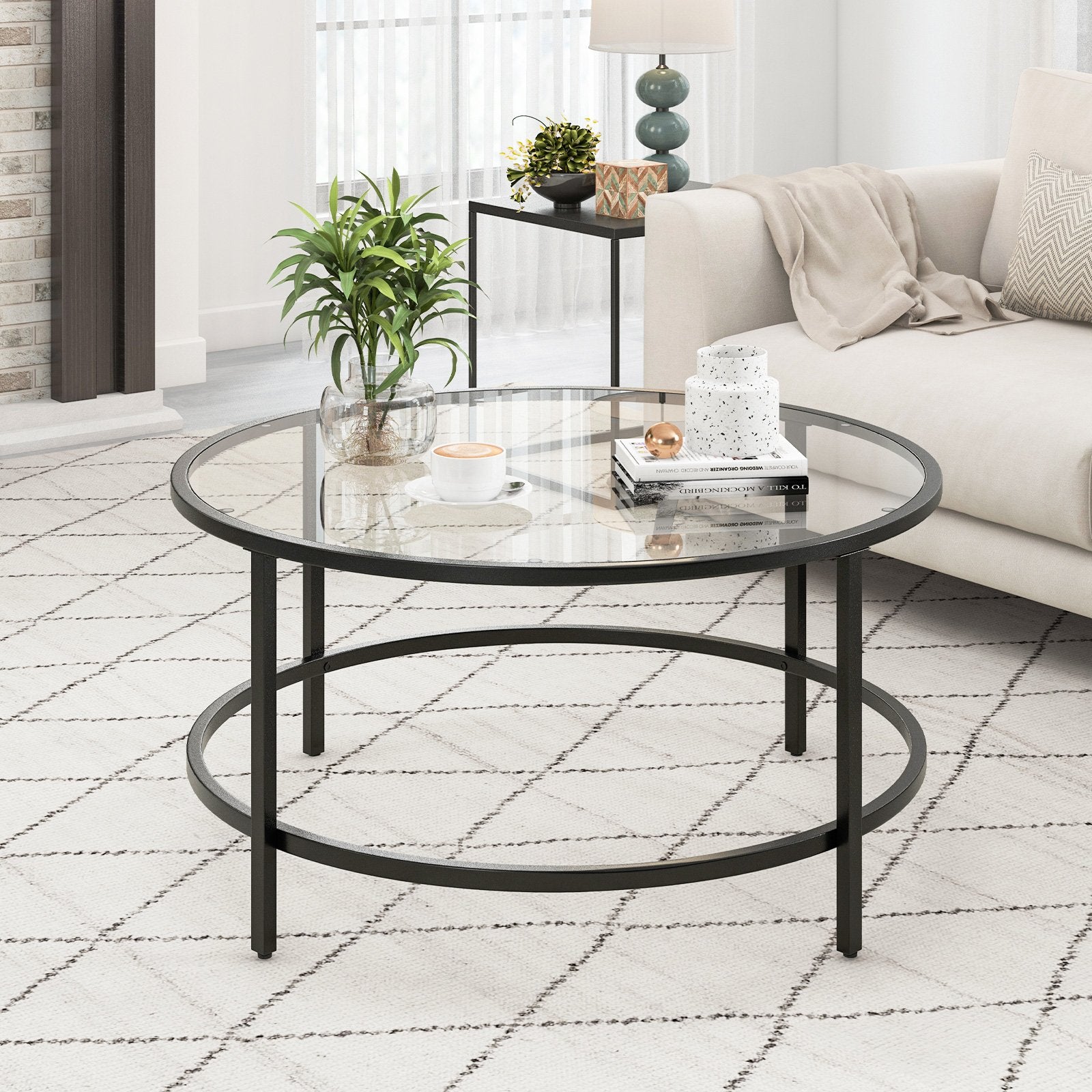 36 Inch Round Coffee Table with Tempered Glass Tabletop, Black Coffee Tables   at Gallery Canada