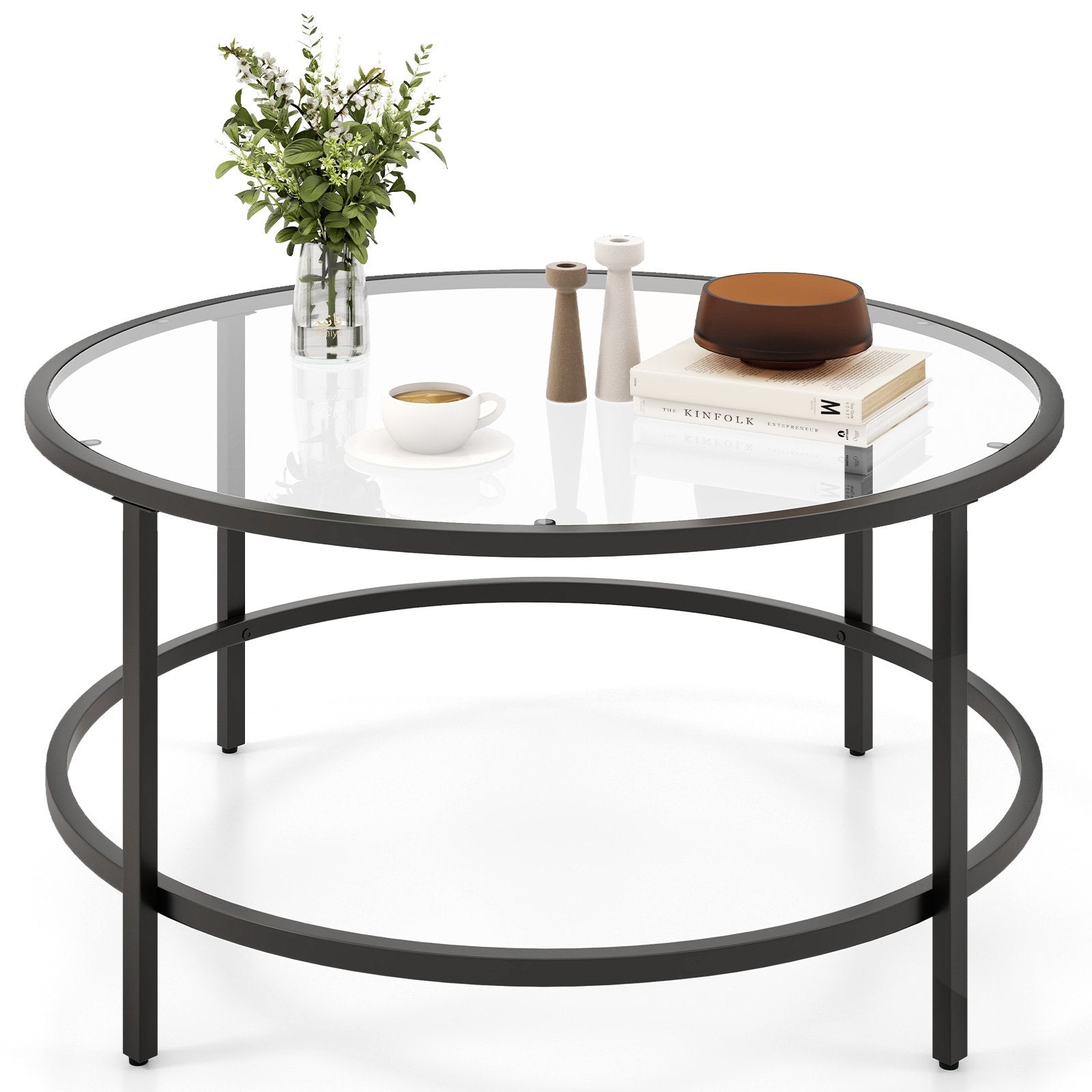 36 Inch Round Coffee Table with Tempered Glass Tabletop, Black Coffee Tables   at Gallery Canada