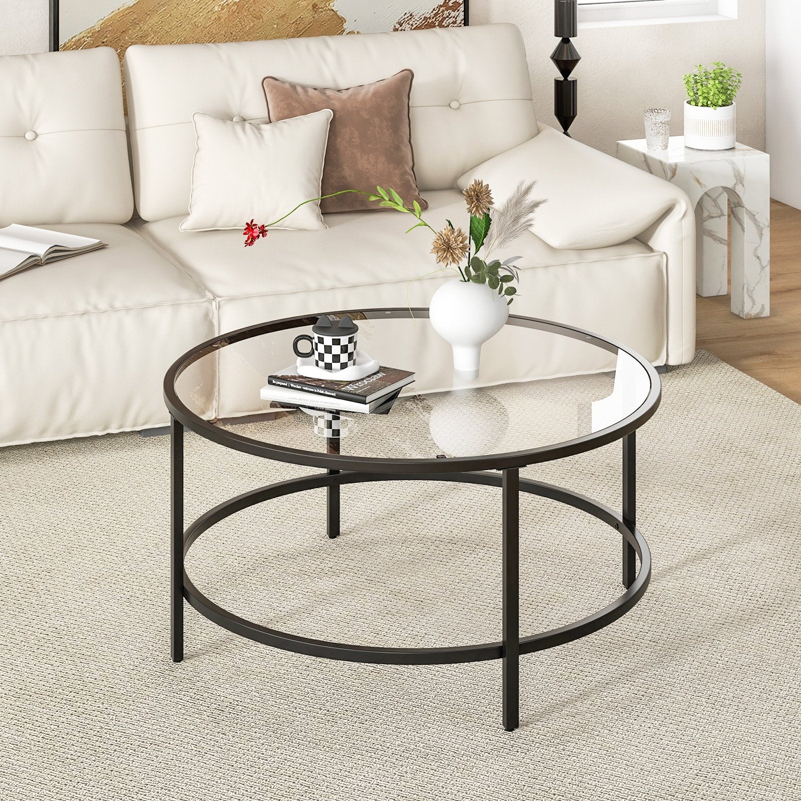 36 Inch Round Coffee Table with Tempered Glass Tabletop, Black Coffee Tables   at Gallery Canada