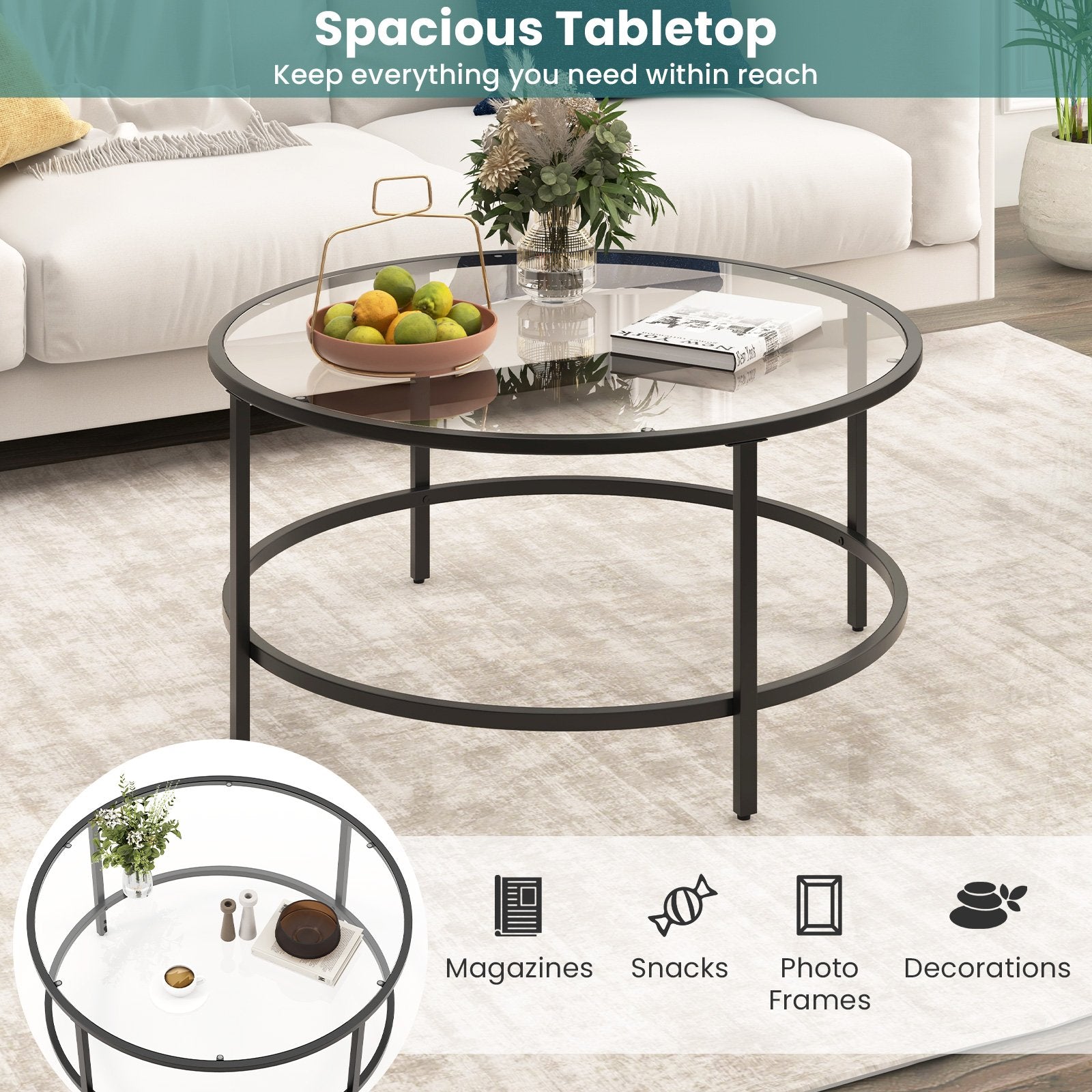 36 Inch Round Coffee Table with Tempered Glass Tabletop, Black Coffee Tables   at Gallery Canada