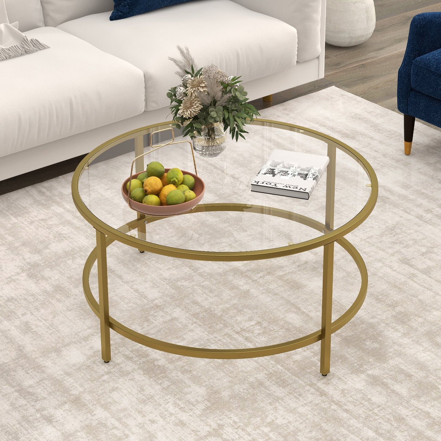 36 Inch Round Coffee Table with Tempered Glass Tabletop, Golden - Gallery Canada