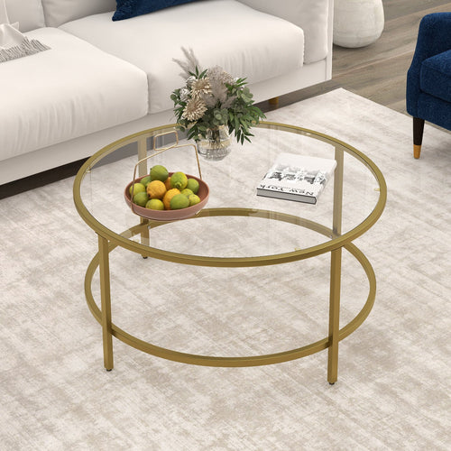 36 Inch Round Coffee Table with Tempered Glass Tabletop, Golden