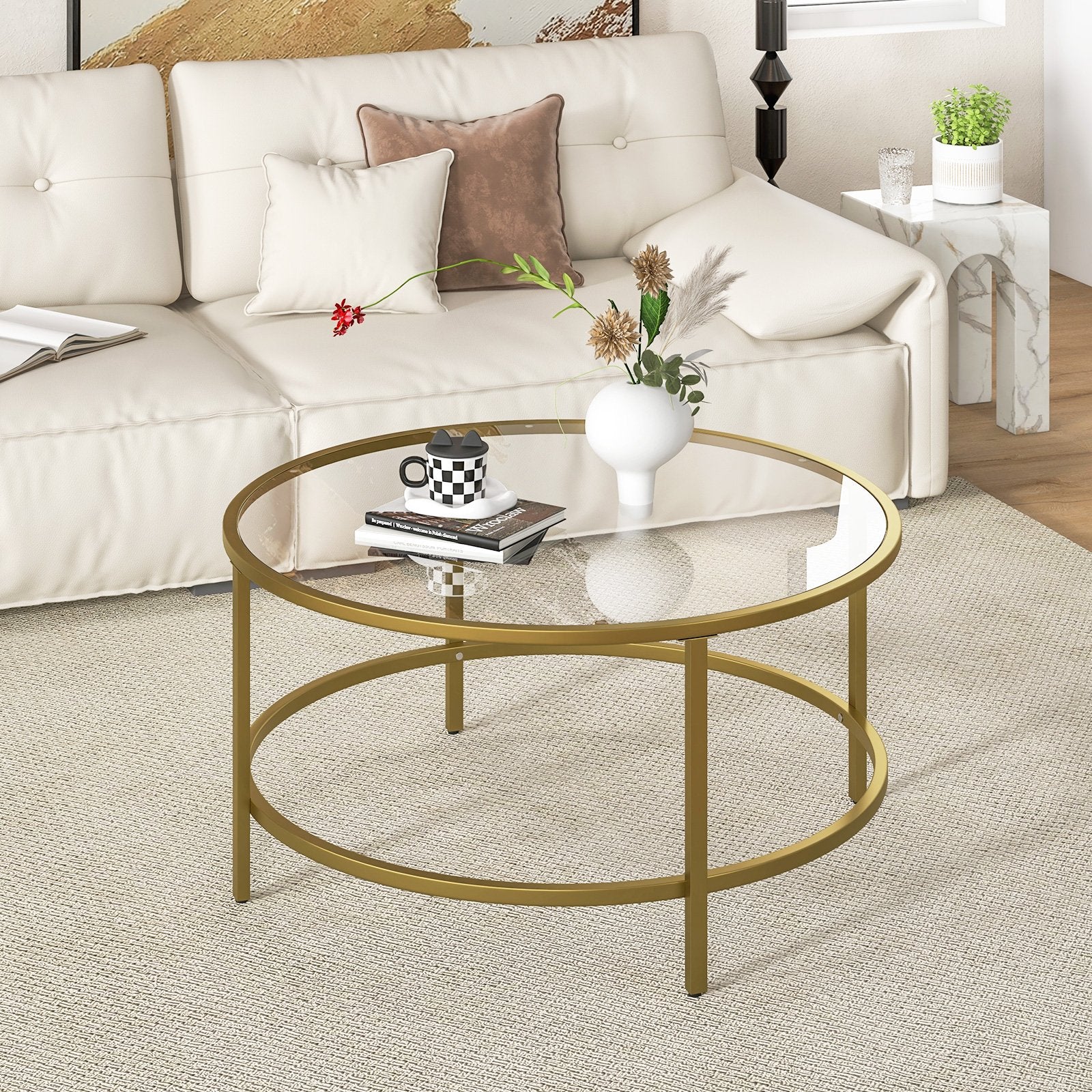 36 Inch Round Coffee Table with Tempered Glass Tabletop, Golden Coffee Tables   at Gallery Canada