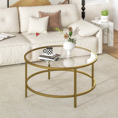 36 Inch Round Coffee Table with Tempered Glass Tabletop, Golden - Gallery Canada