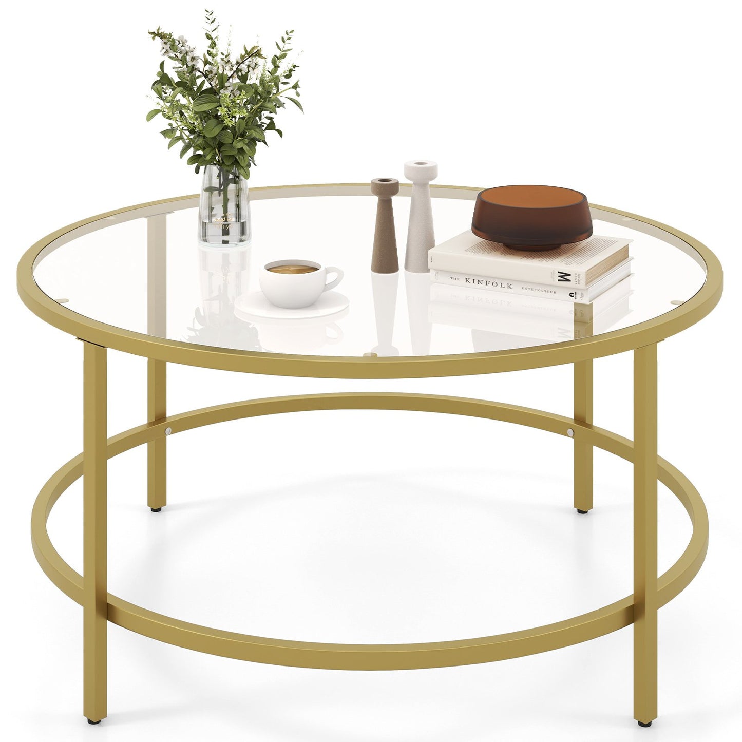 36 Inch Round Coffee Table with Tempered Glass Tabletop, Golden Coffee Tables   at Gallery Canada