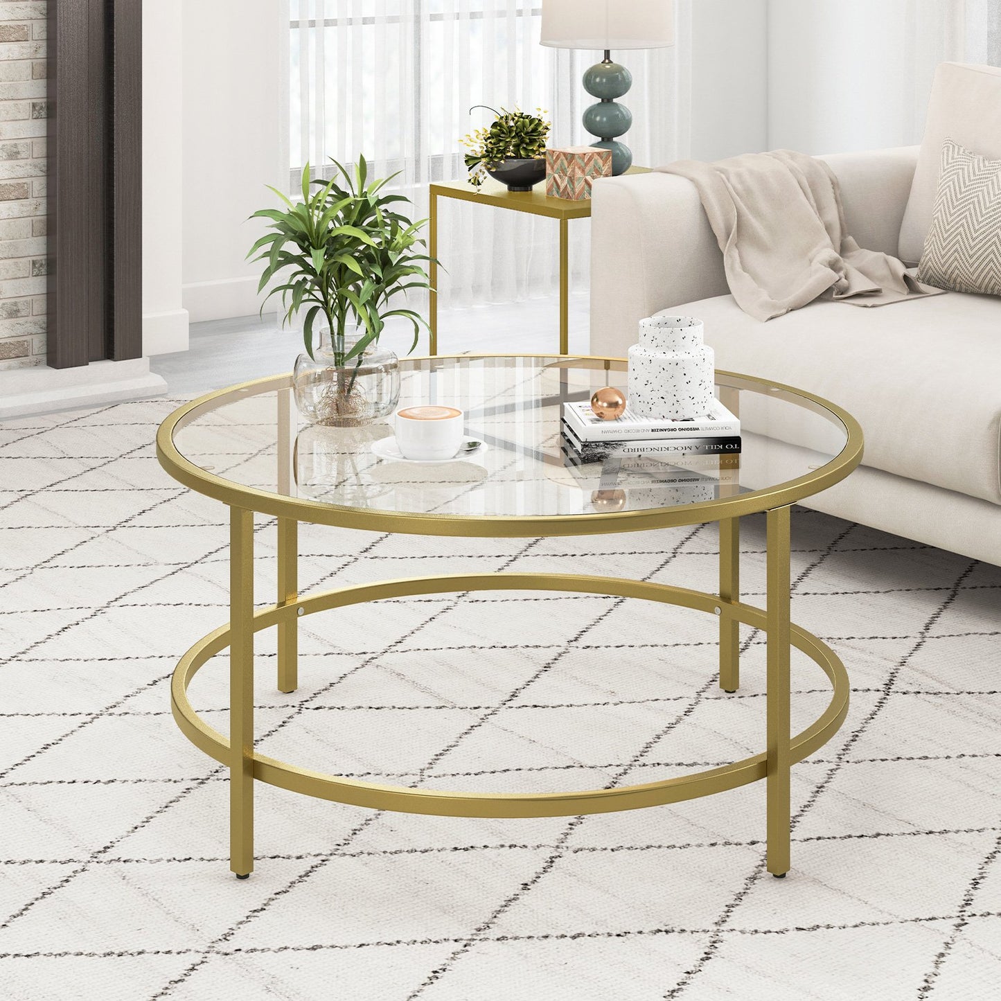 36 Inch Round Coffee Table with Tempered Glass Tabletop, Golden - Gallery Canada