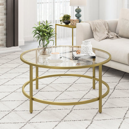 36 Inch Round Coffee Table with Tempered Glass Tabletop, Golden Coffee Tables   at Gallery Canada