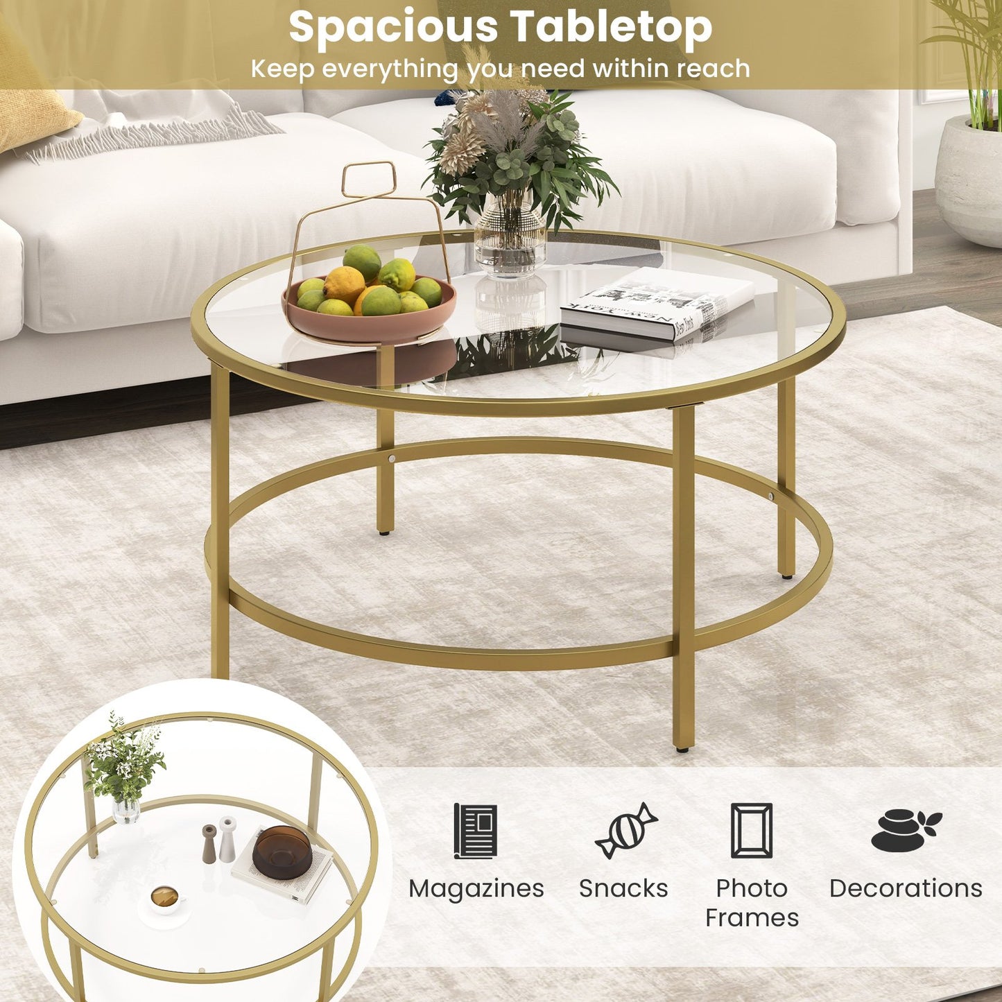 36 Inch Round Coffee Table with Tempered Glass Tabletop, Golden Coffee Tables   at Gallery Canada