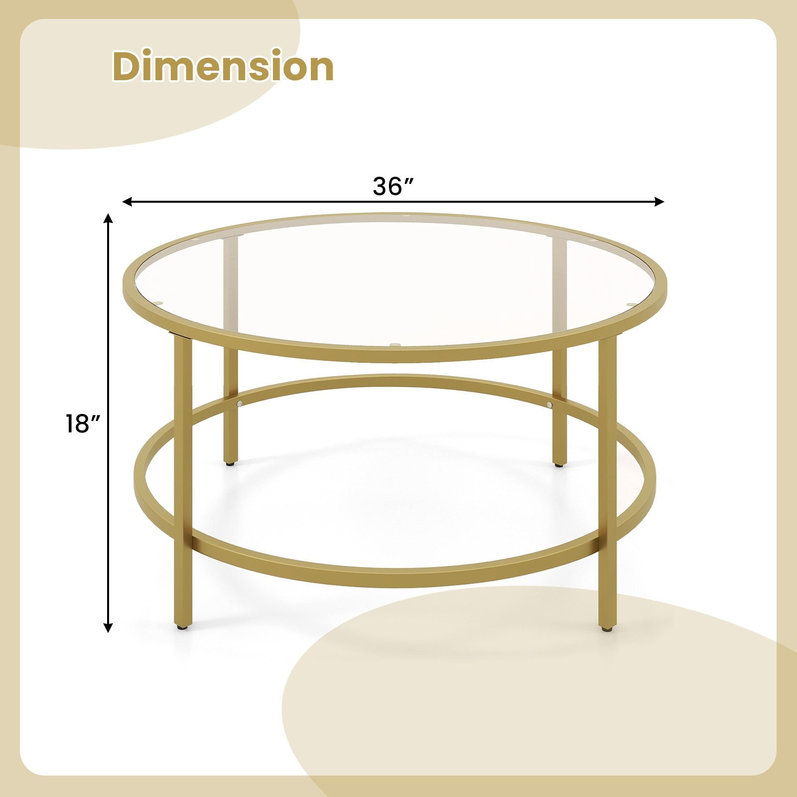 36 Inch Round Coffee Table with Tempered Glass Tabletop, Golden Coffee Tables   at Gallery Canada