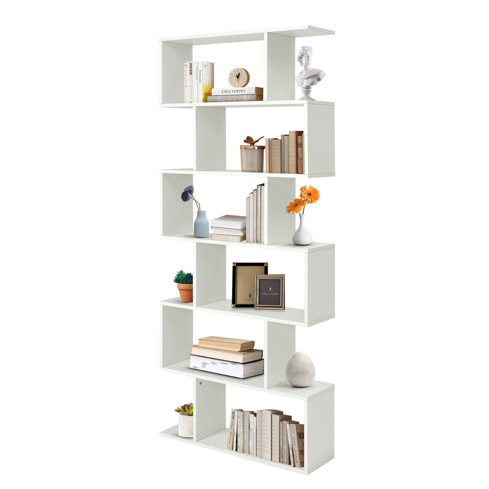 6 Tier S-Shaped Bookshelf Storage Display Bookcase Decor Z-Shelf, White - Gallery Canada