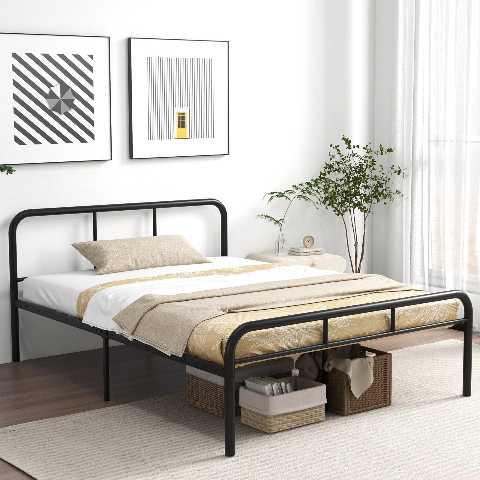 Full Bed Frame with Headboard and Footboard No Box Spring Needed, Black Simple Bed Frame   at Gallery Canada