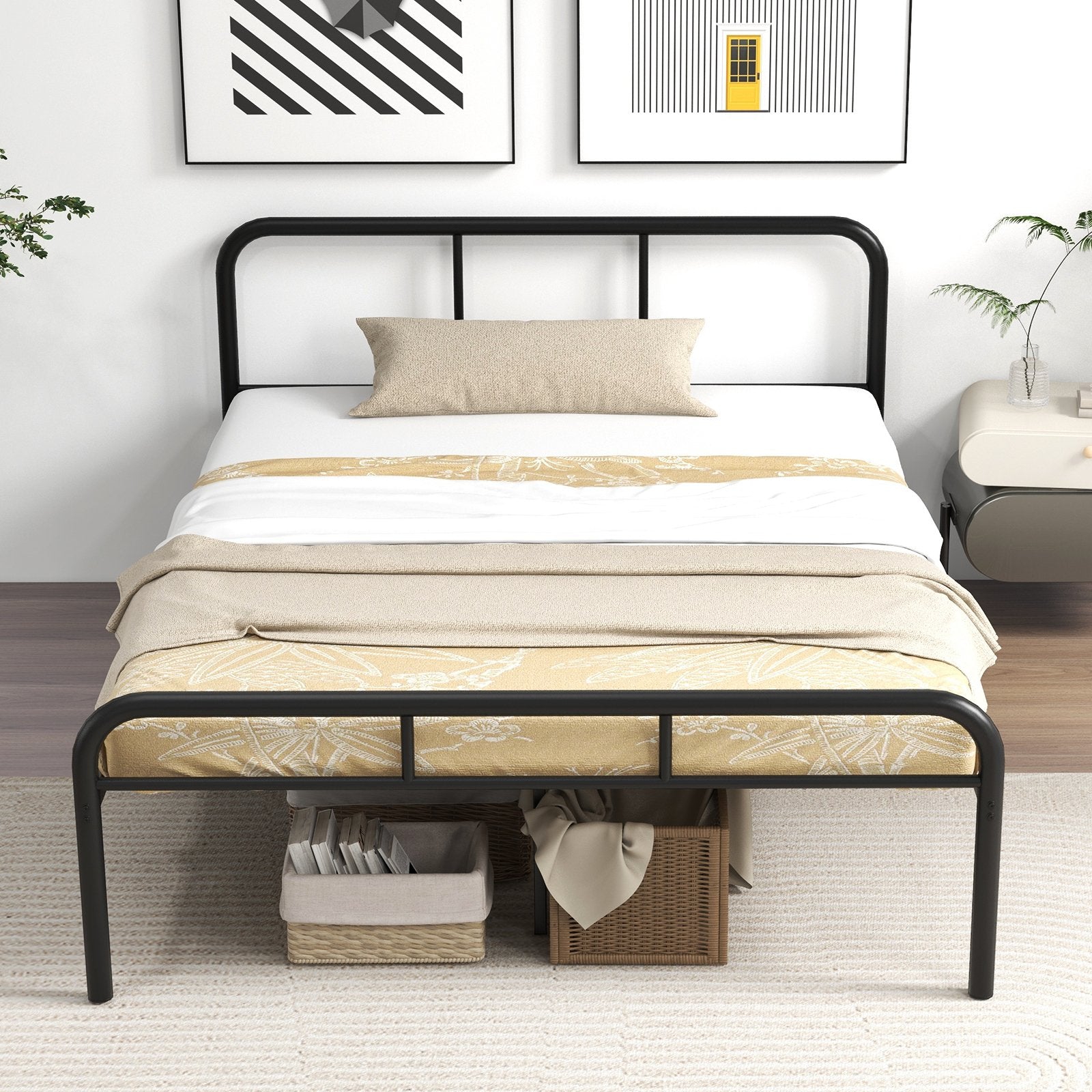 Full Bed Frame with Headboard and Footboard No Box Spring Needed, Black Simple Bed Frame   at Gallery Canada