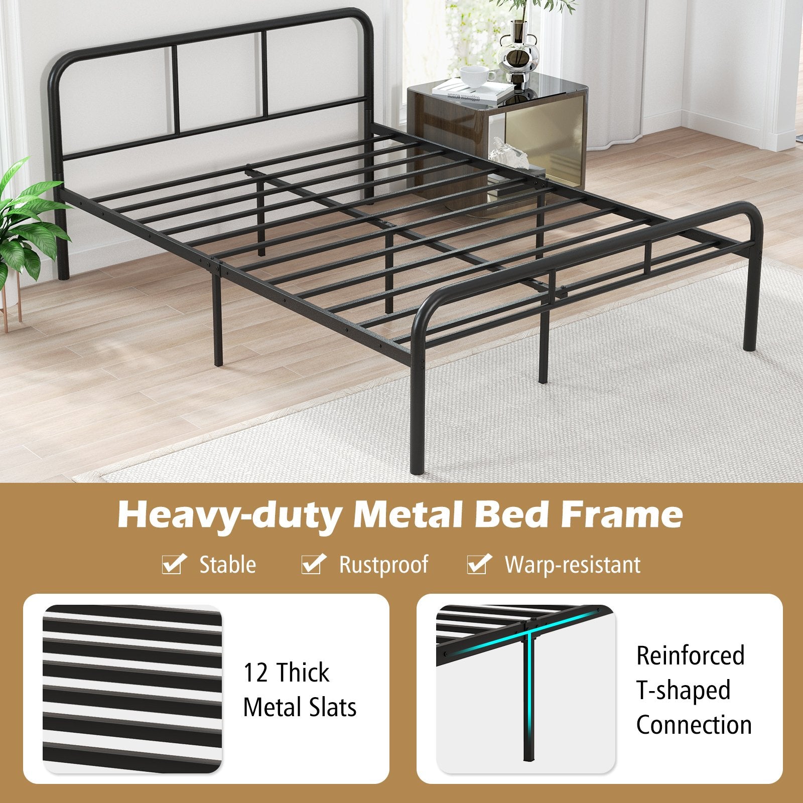 Full Bed Frame with Headboard and Footboard No Box Spring Needed, Black Simple Bed Frame   at Gallery Canada