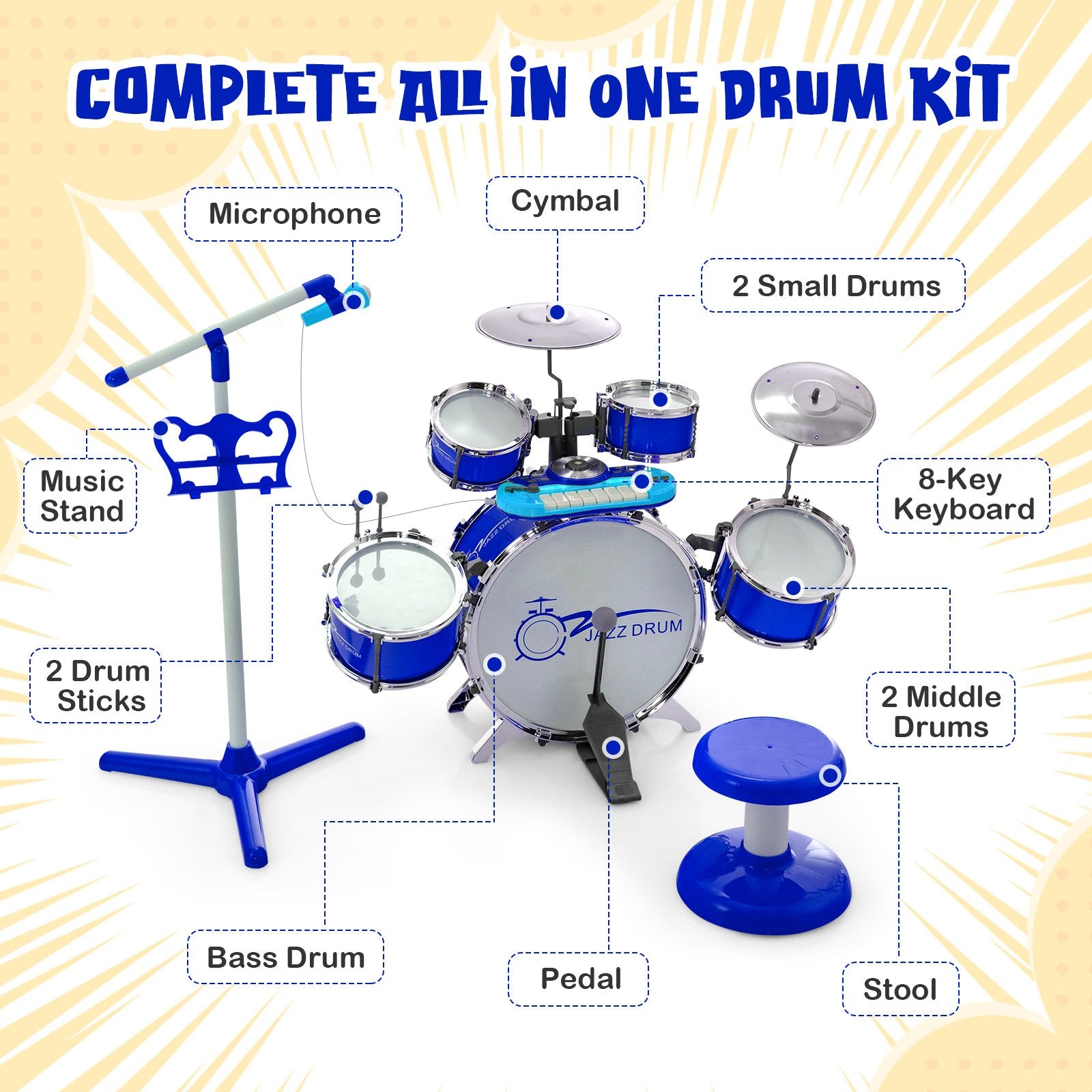 Kids Jazz Drum Keyboard Set with Stool and Microphone Stand, Blue Drums & Percussion   at Gallery Canada