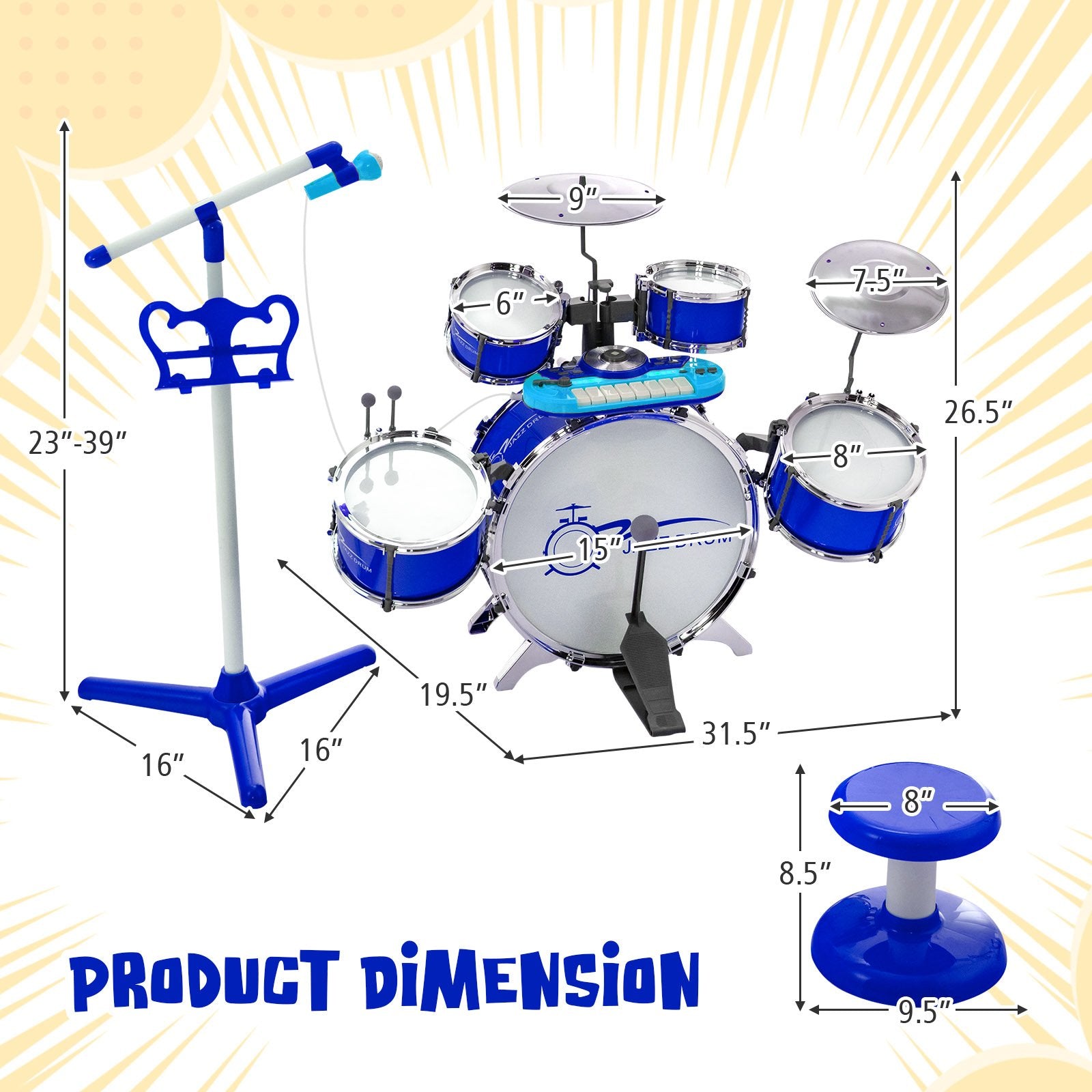 Kids Jazz Drum Keyboard Set with Stool and Microphone Stand, Blue Drums & Percussion   at Gallery Canada