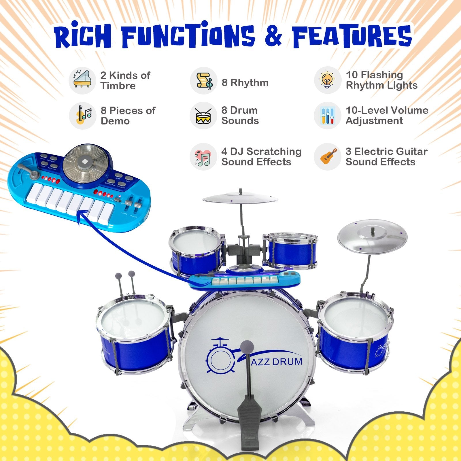 Kids Jazz Drum Keyboard Set with Stool and Microphone Stand, Blue Drums & Percussion   at Gallery Canada