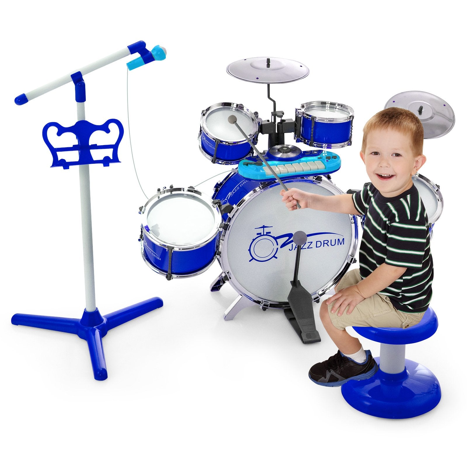 Kids Jazz Drum Keyboard Set with Stool and Microphone Stand, Blue Drums & Percussion   at Gallery Canada