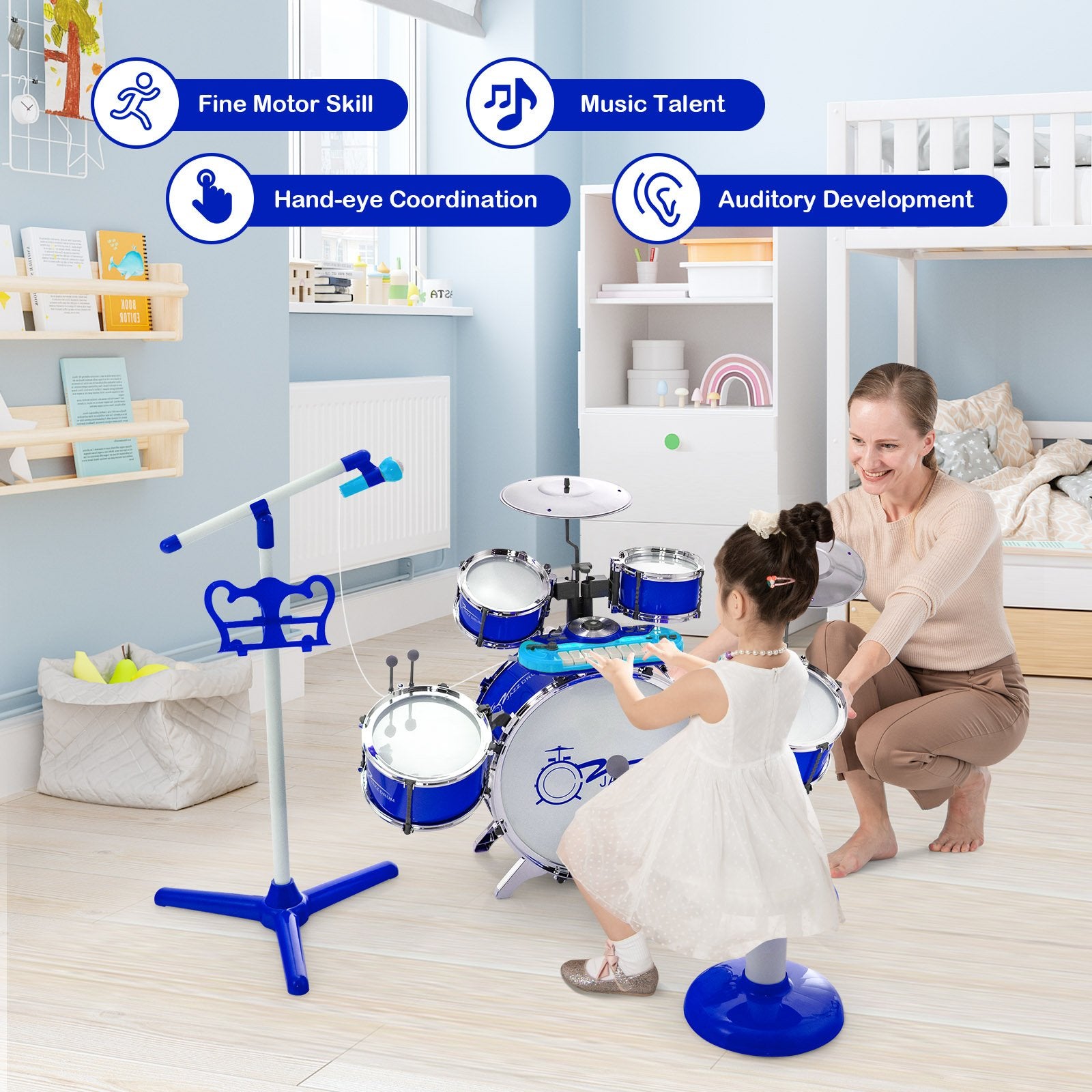 Kids Jazz Drum Keyboard Set with Stool and Microphone Stand, Blue Drums & Percussion   at Gallery Canada