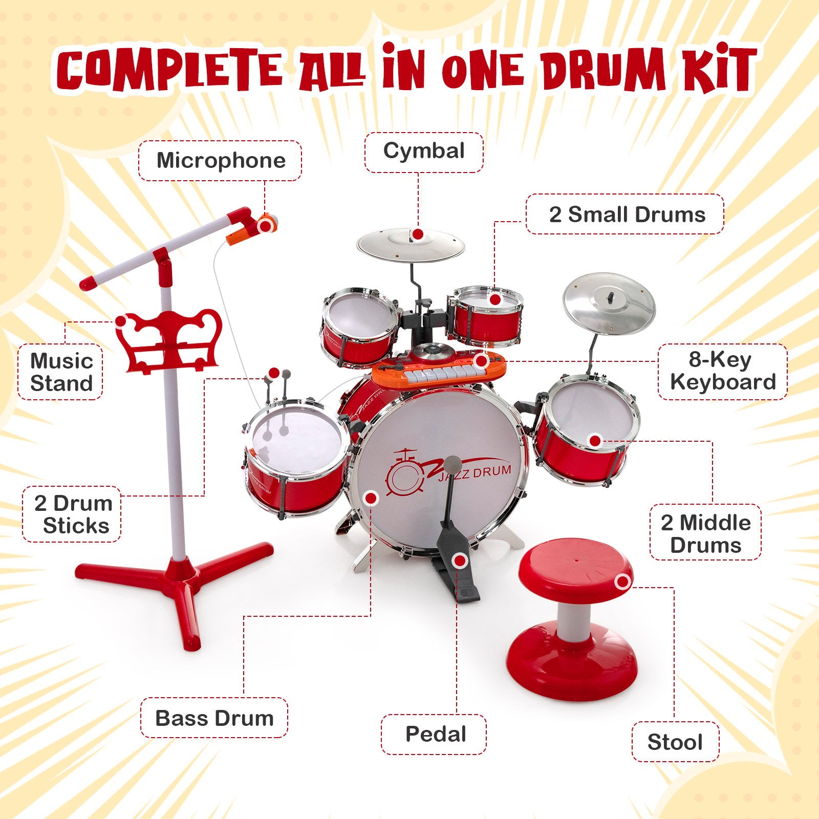 Kids Jazz Drum Keyboard Set with Stool and Microphone Stand, Red Drums & Percussion   at Gallery Canada