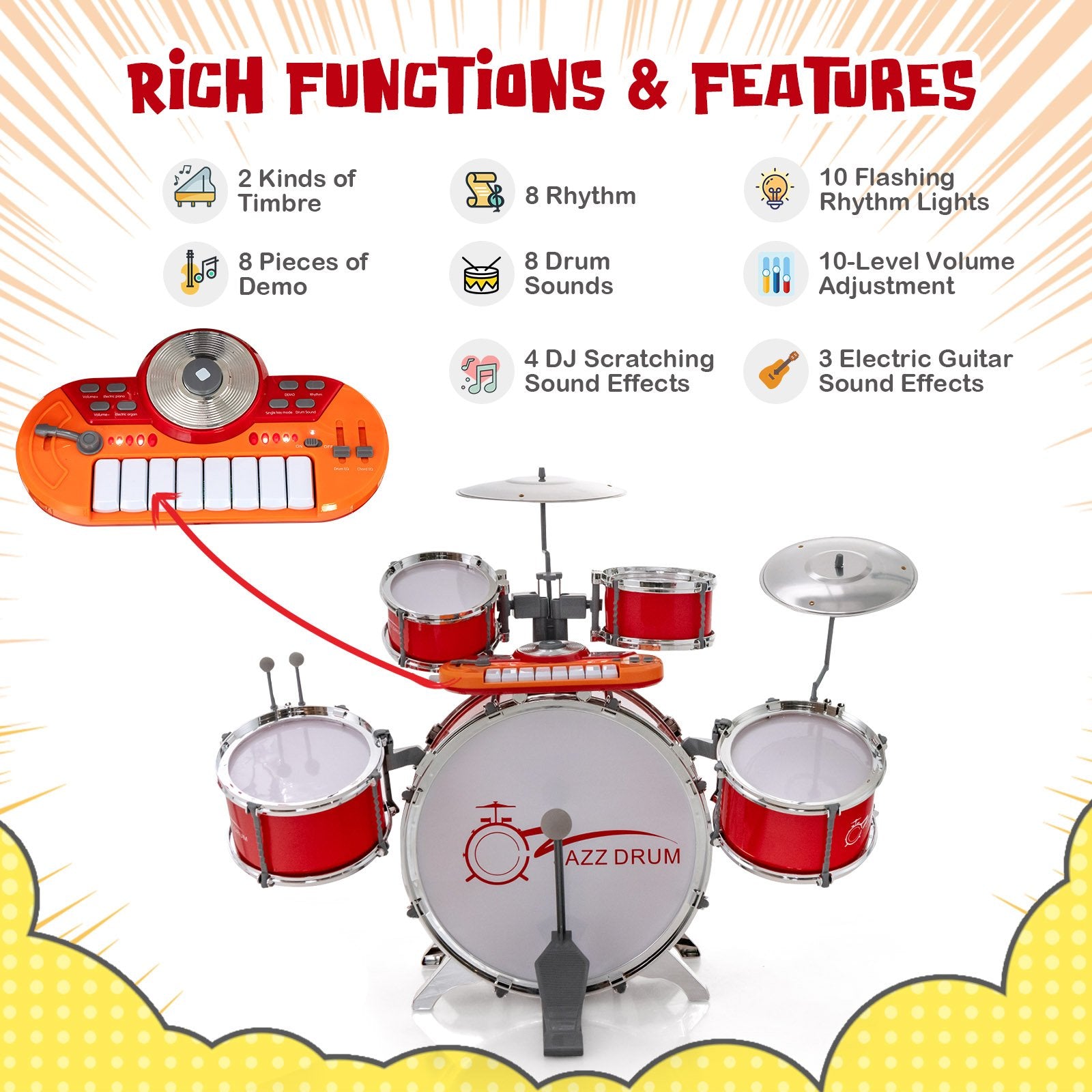 Kids Jazz Drum Keyboard Set with Stool and Microphone Stand, Red Drums & Percussion   at Gallery Canada