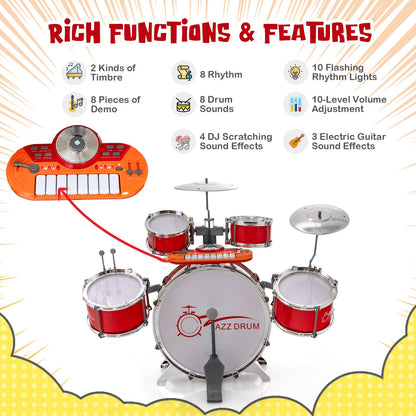 Kids Jazz Drum Keyboard Set with Stool and Microphone Stand, Red - Gallery Canada