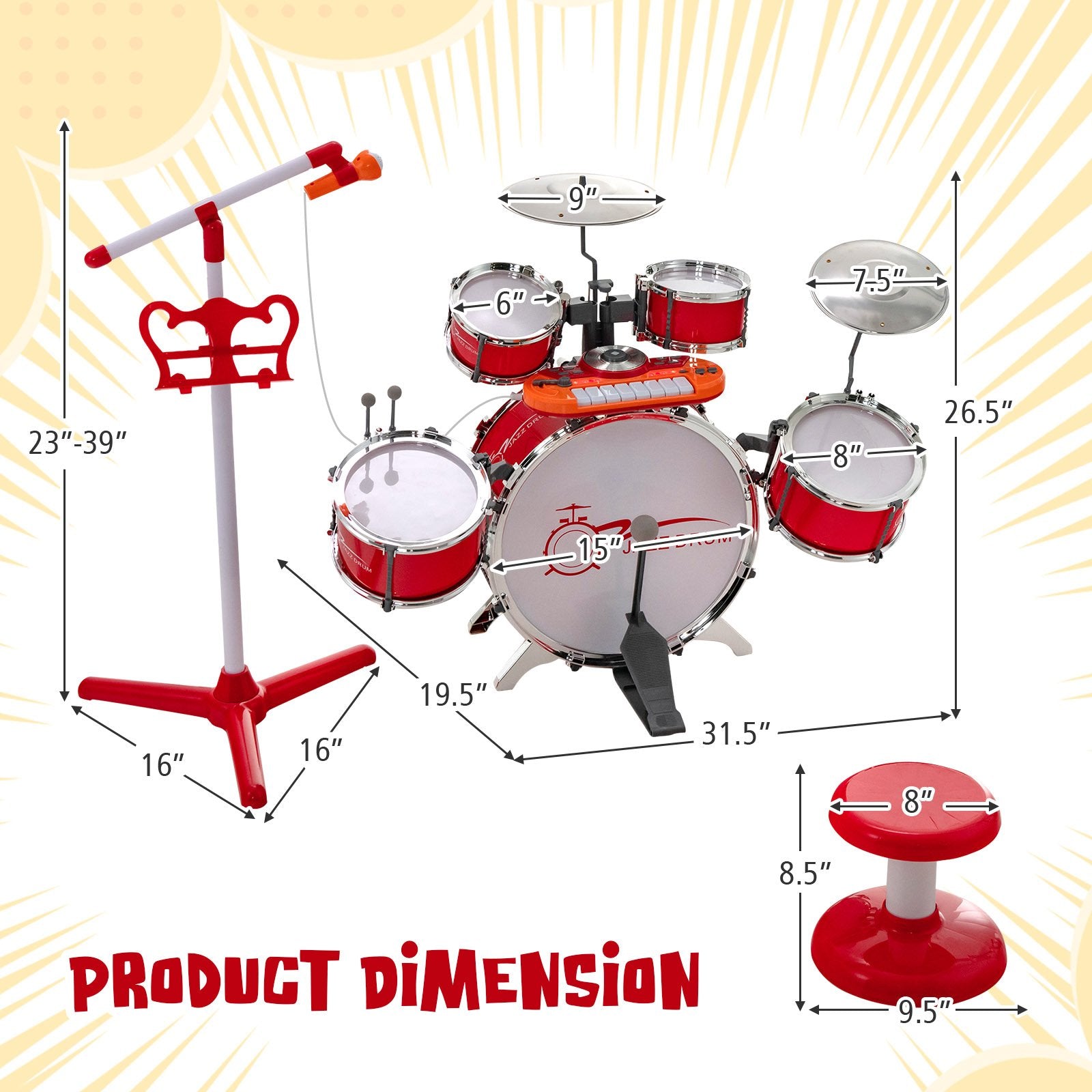 Kids Jazz Drum Keyboard Set with Stool and Microphone Stand, Red Drums & Percussion   at Gallery Canada