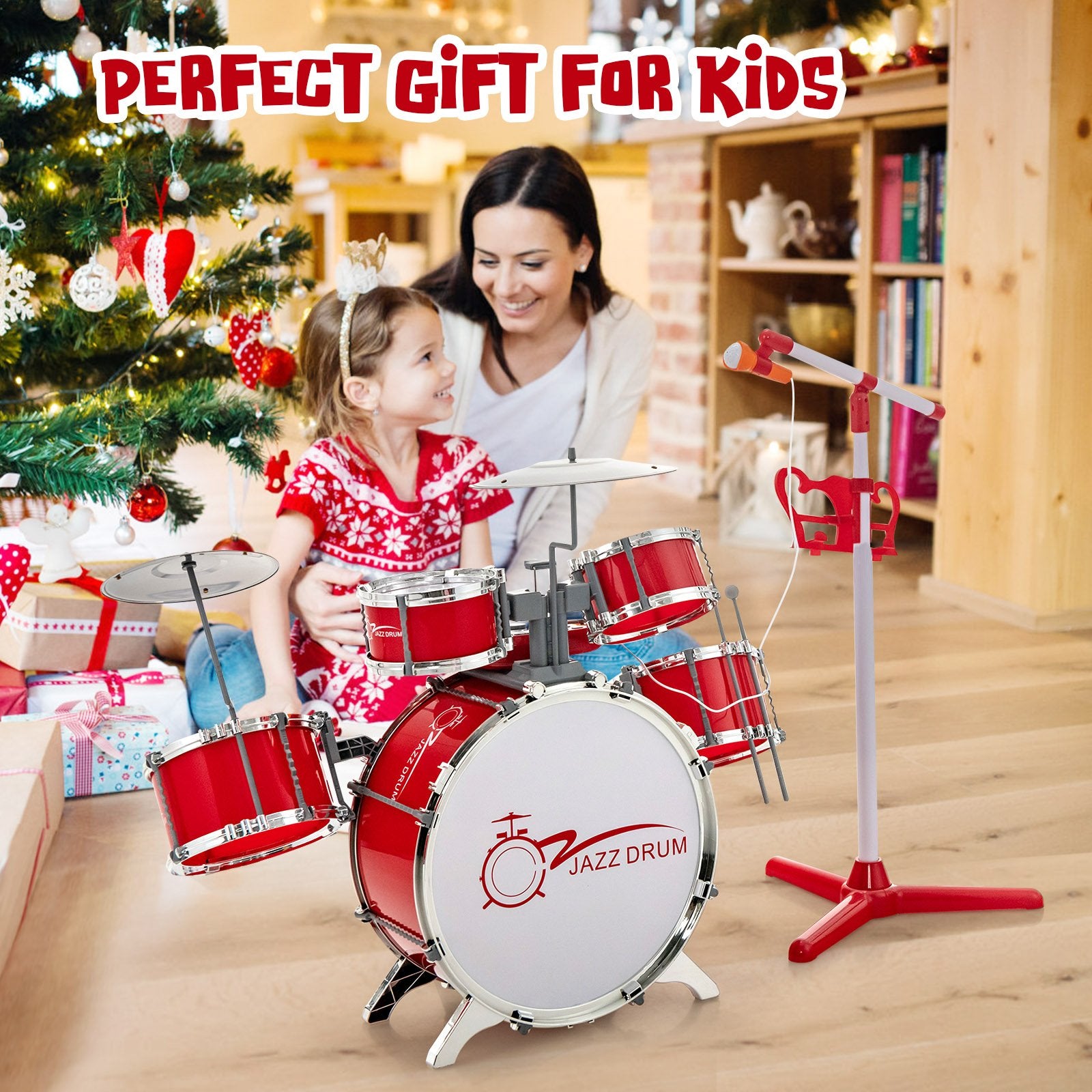 Kids Jazz Drum Keyboard Set with Stool and Microphone Stand, Red Drums & Percussion   at Gallery Canada