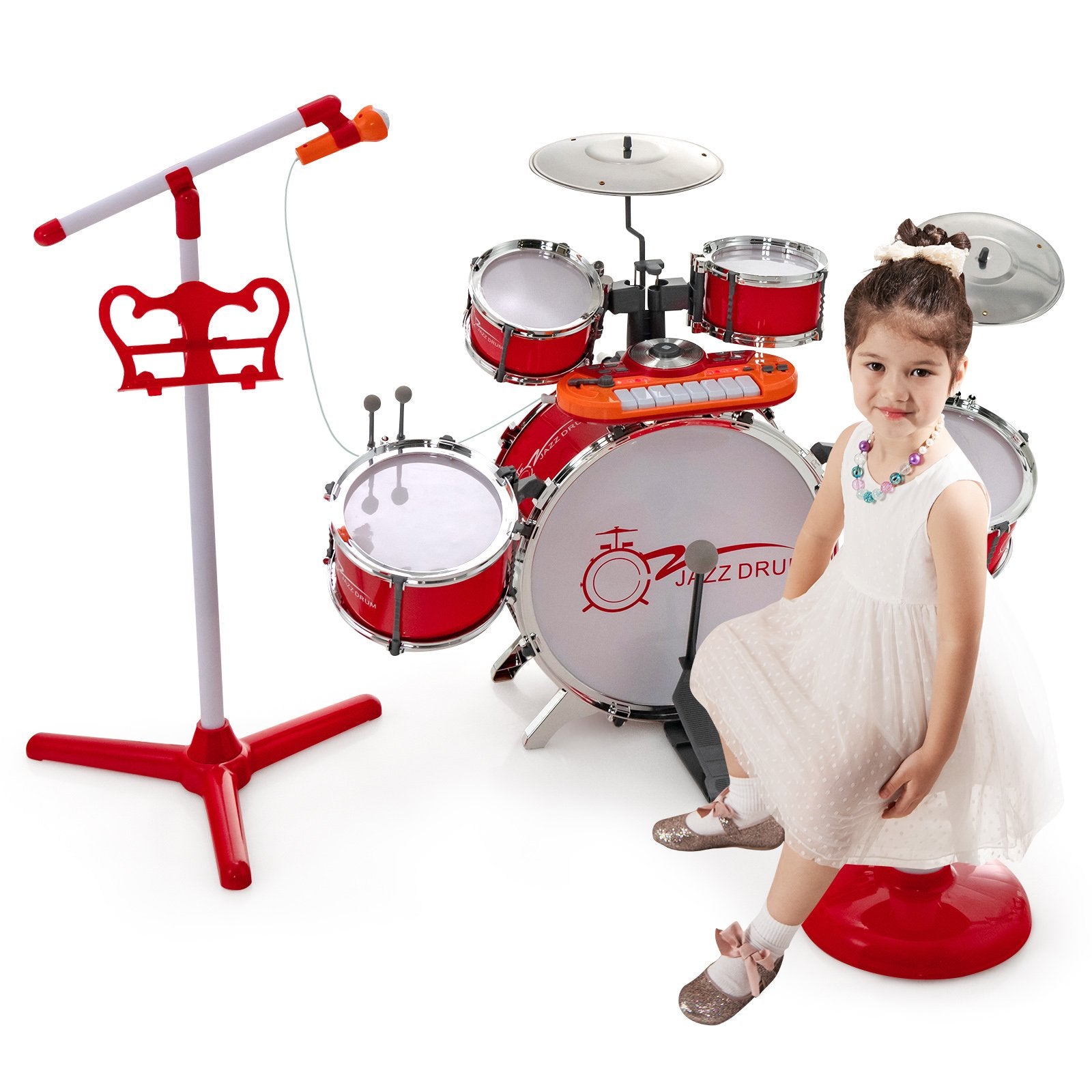 Kids Jazz Drum Keyboard Set with Stool and Microphone Stand, Red - Gallery Canada