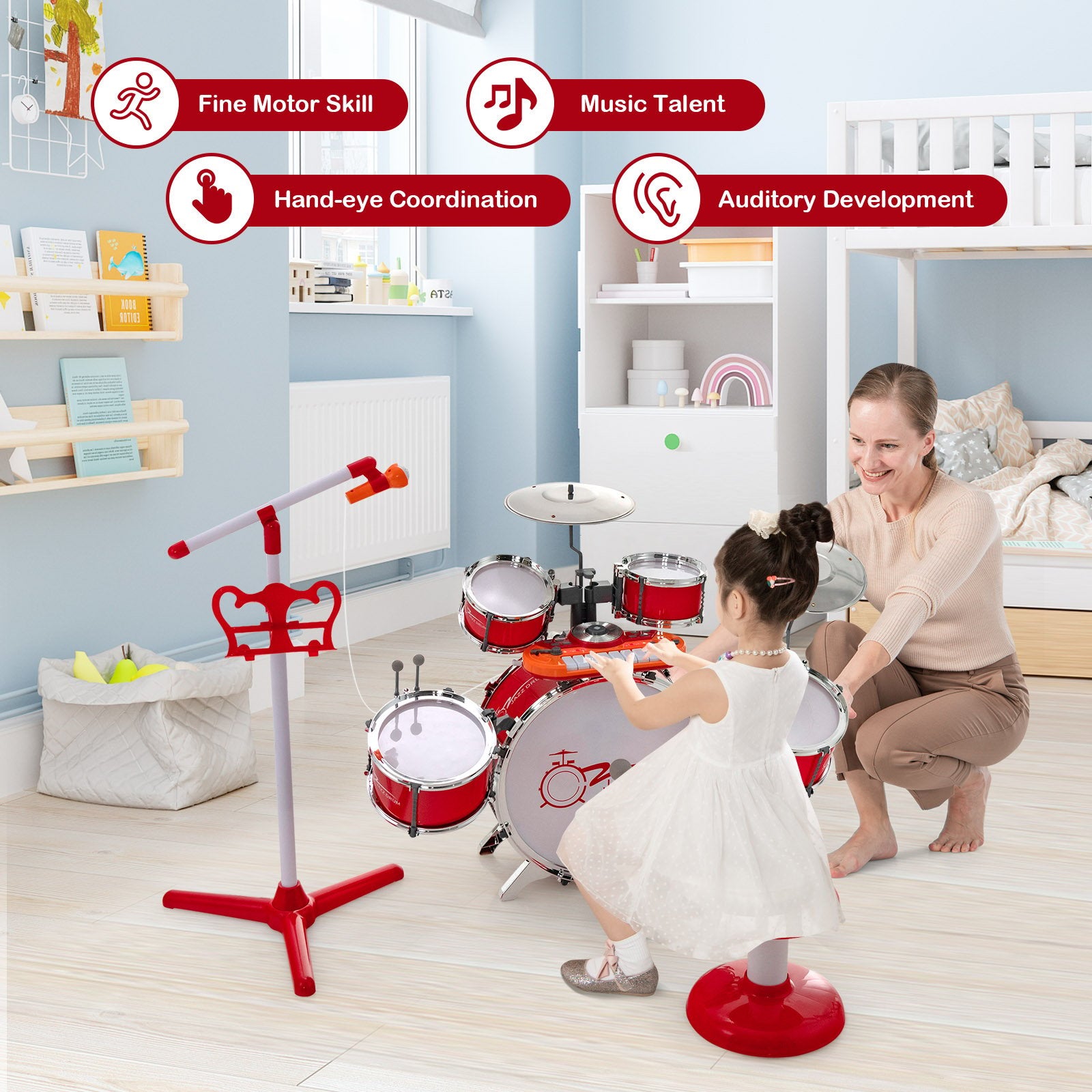 Kids Jazz Drum Keyboard Set with Stool and Microphone Stand, Red Drums & Percussion   at Gallery Canada