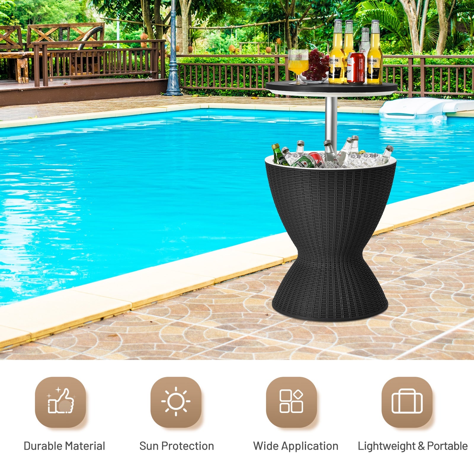 3 in 1 8 Gallon Patio Rattan Cooler Bar Table with Adjust Ice Bucket, Black Patio Bar Furniture at Gallery Canada