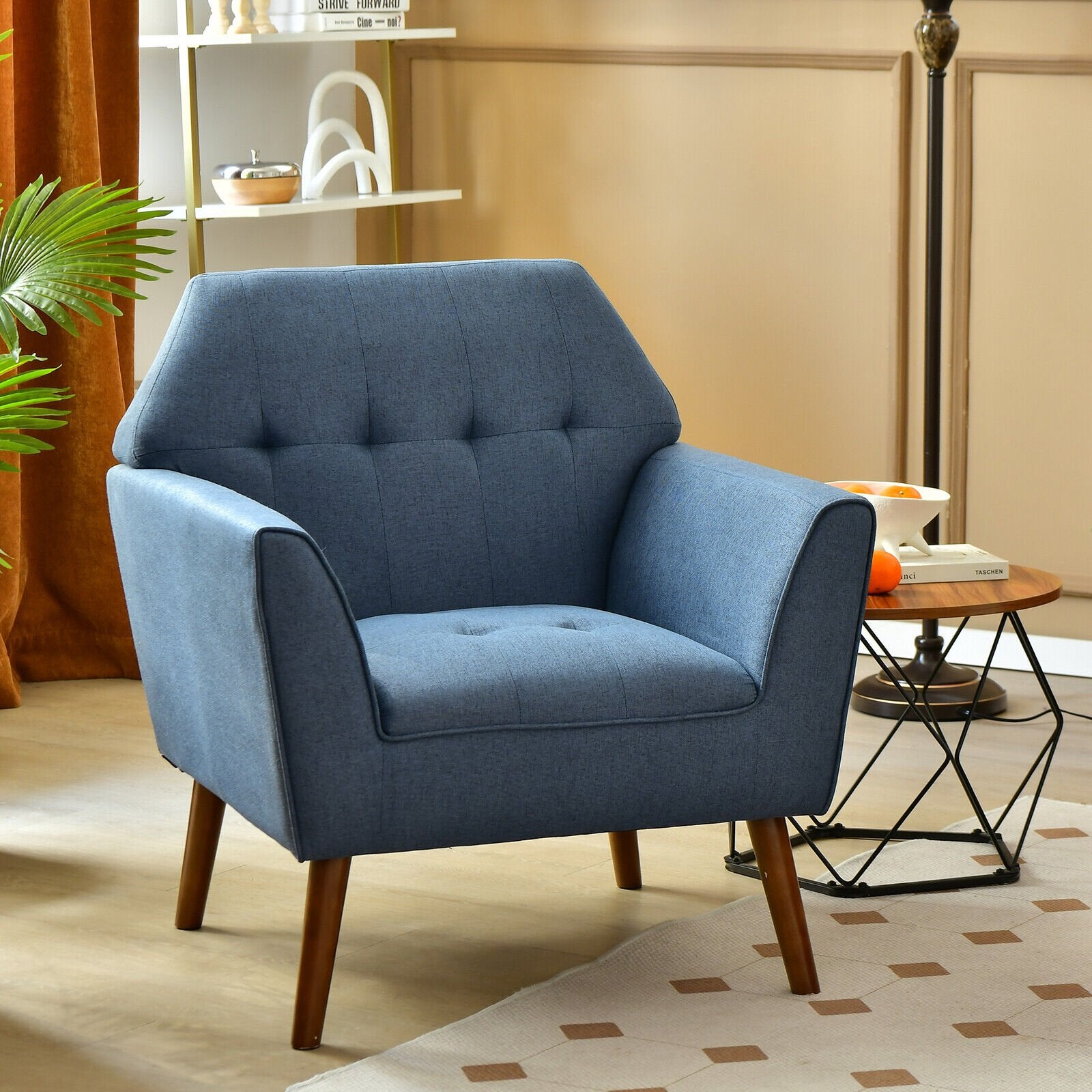 Modern Tufted Fabric Accent Chair with Rubber Wood Legs, Blue Accent Chairs   at Gallery Canada